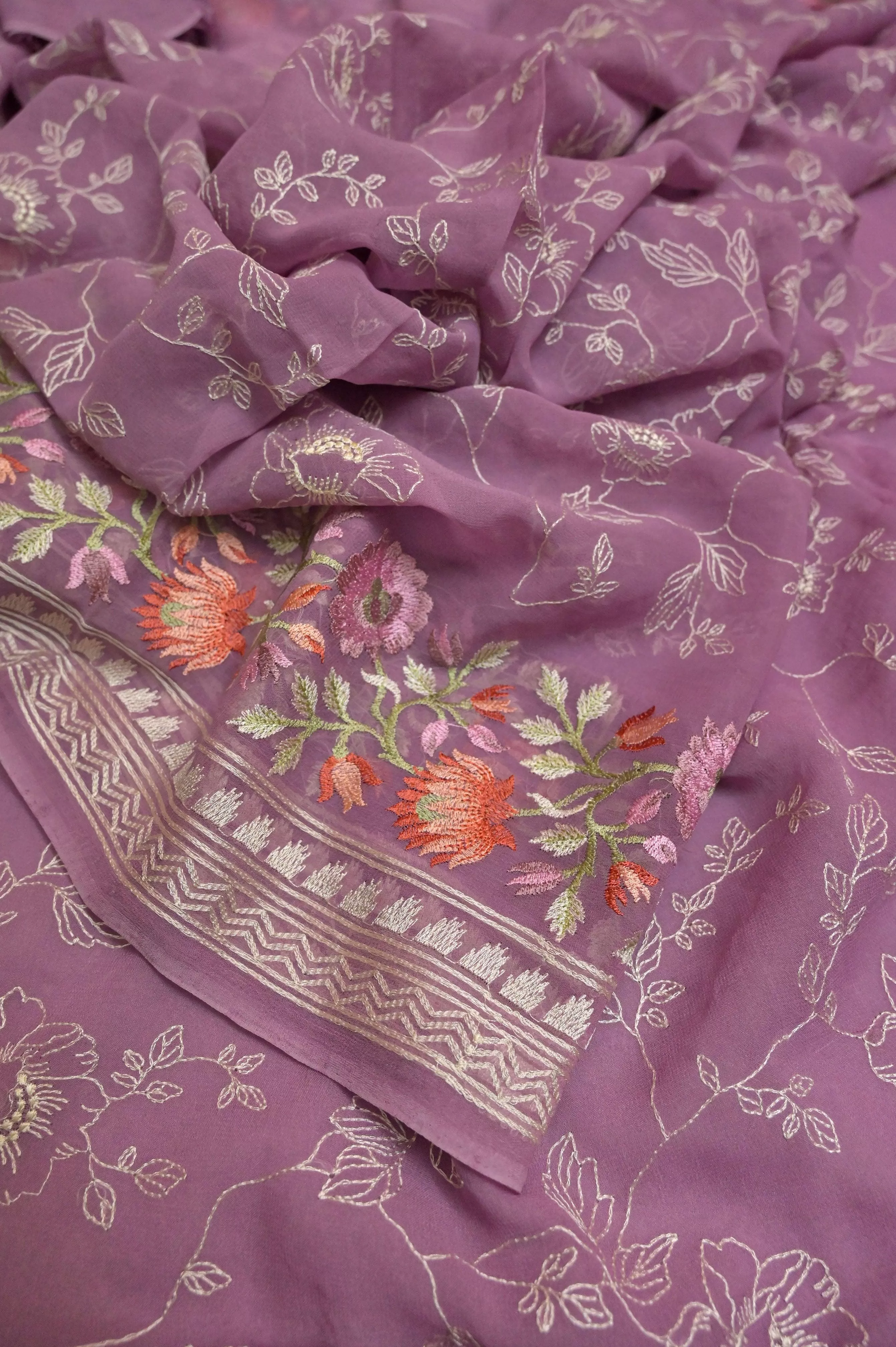 Light Lavender Color Georgette Saree with Allover Embroidery and Jaal Kashmiri Stitch Work