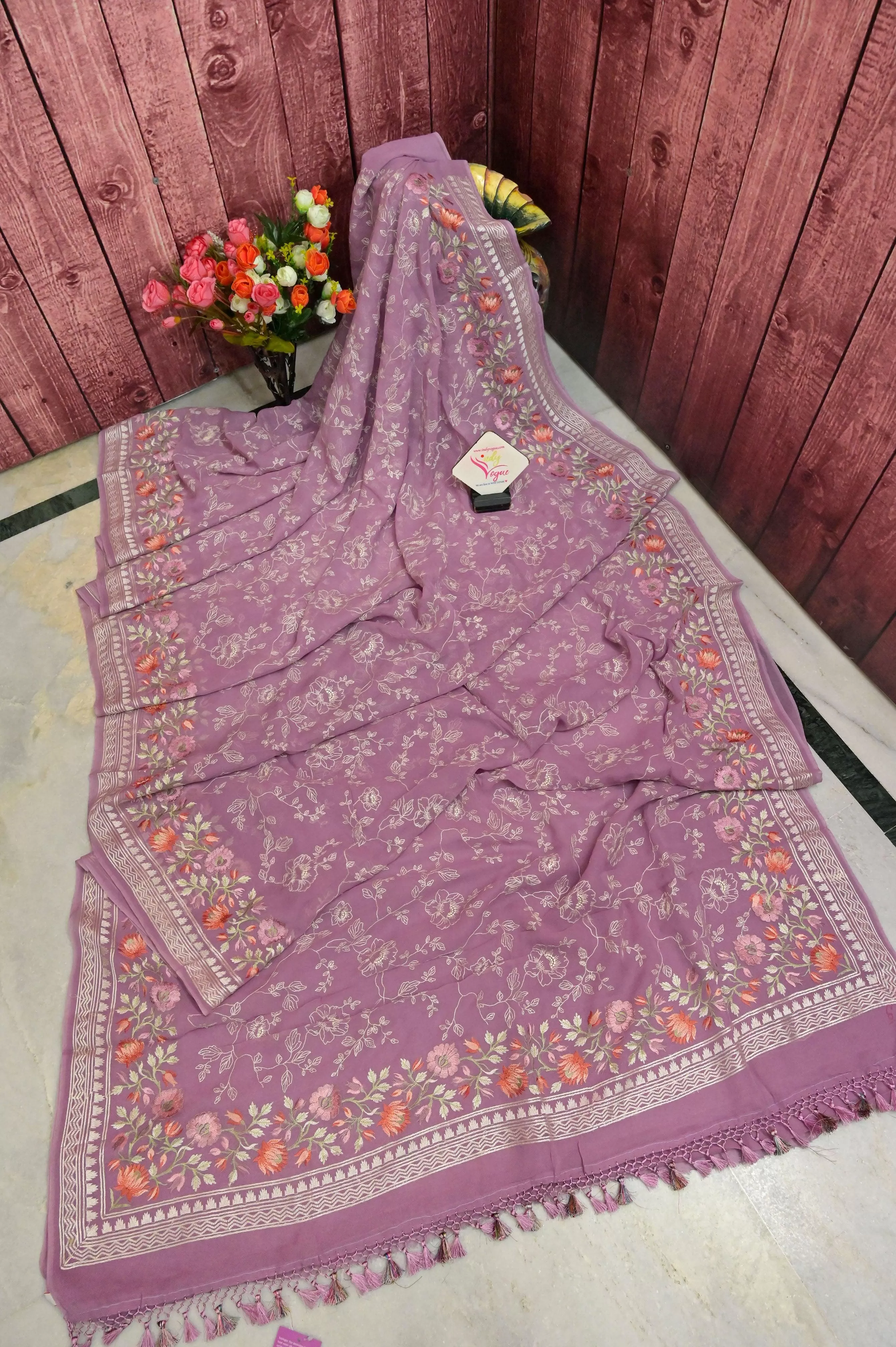 Light Lavender Color Georgette Saree with Allover Embroidery and Jaal Kashmiri Stitch Work