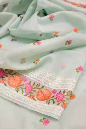 Light Sky Blue Color Designer Kora Organza Saree with Embroidery and Chikankari Work on