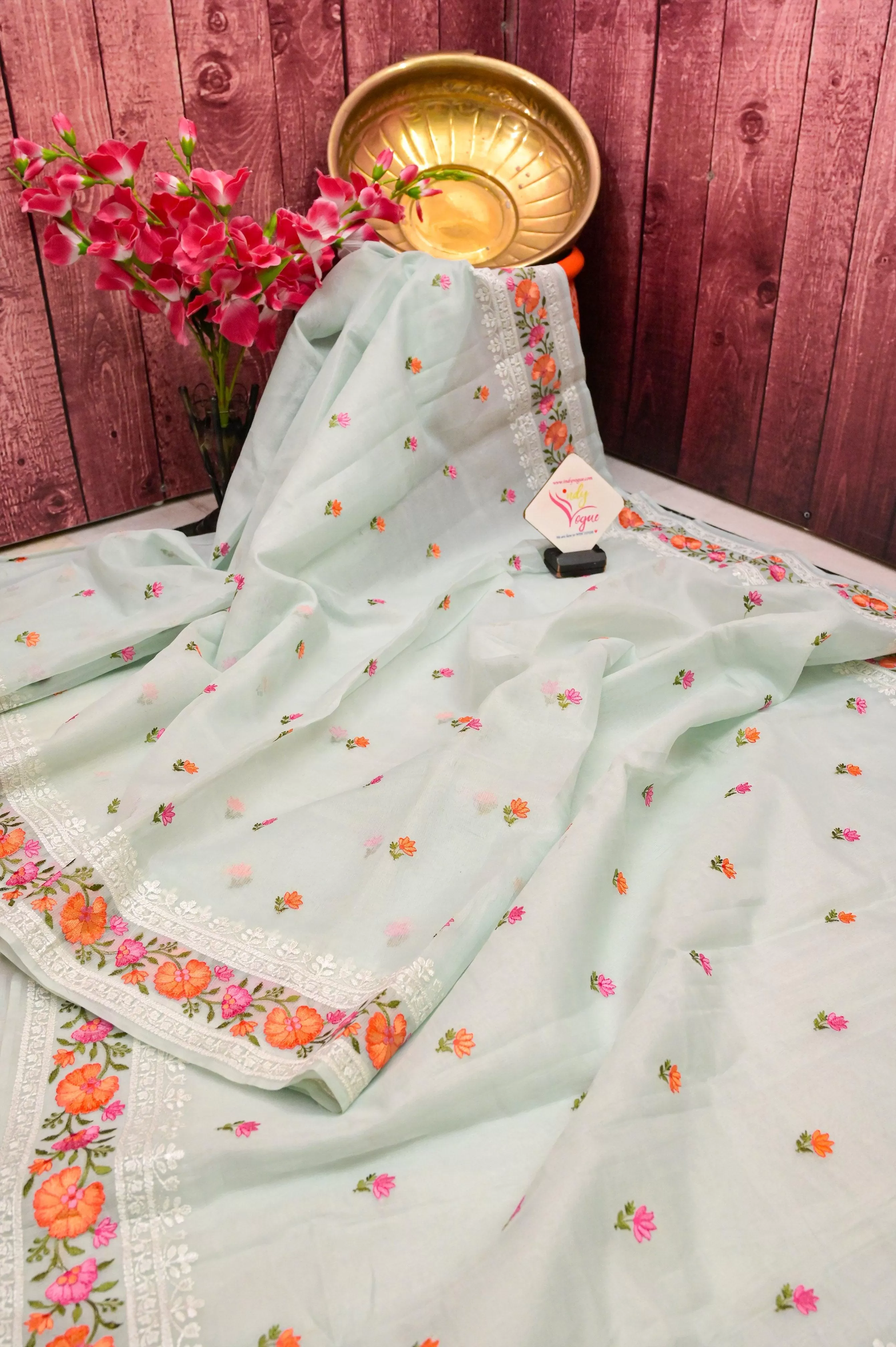 Light Sky Blue Color Designer Kora Organza Saree with Embroidery and Chikankari Work on