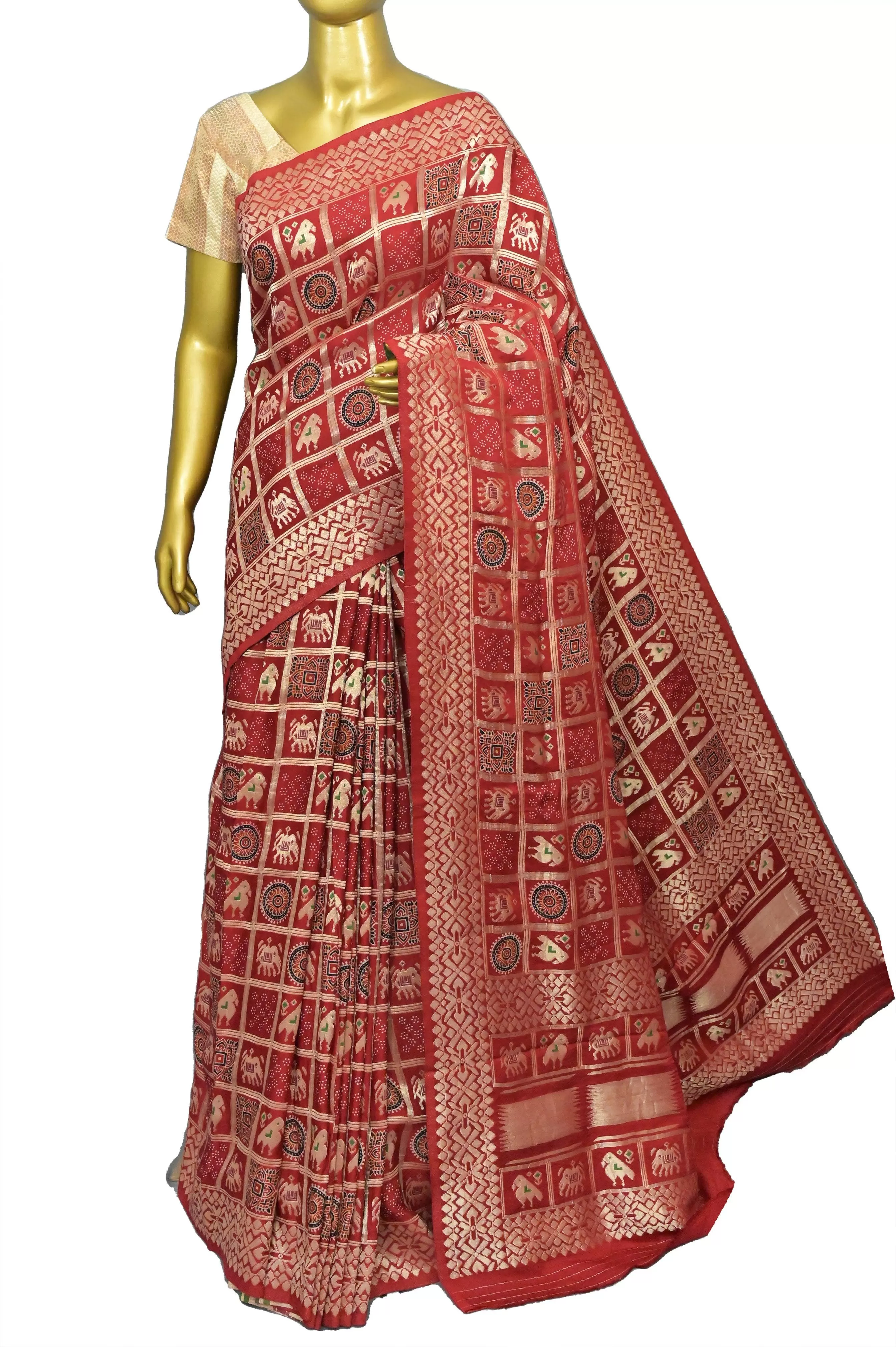 Maroonish Red Color Modal Silk Gharchola with Ajrakh Print