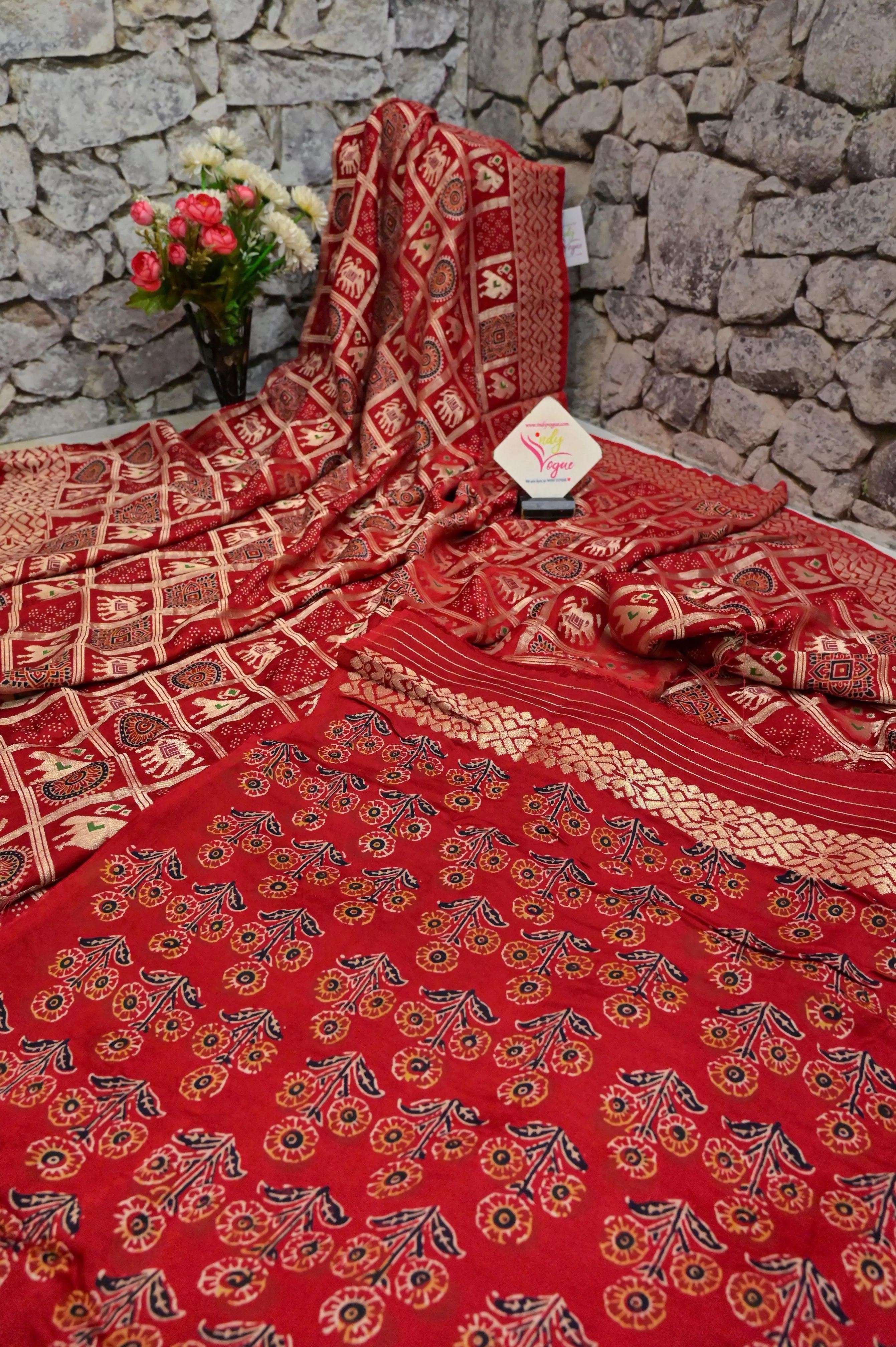 Maroonish Red Color Modal Silk Gharchola with Ajrakh Print