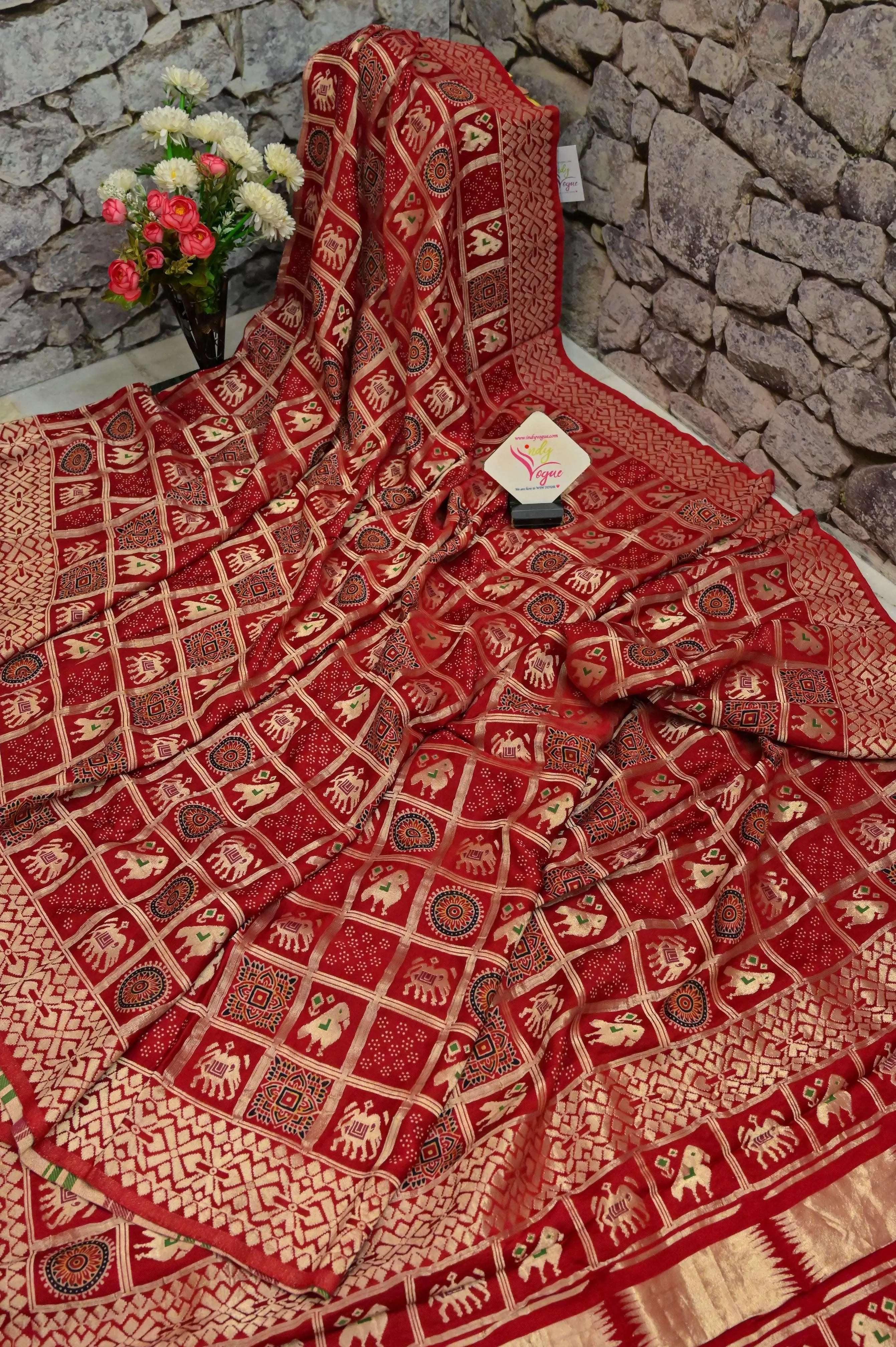 Maroonish Red Color Modal Silk Gharchola with Ajrakh Print