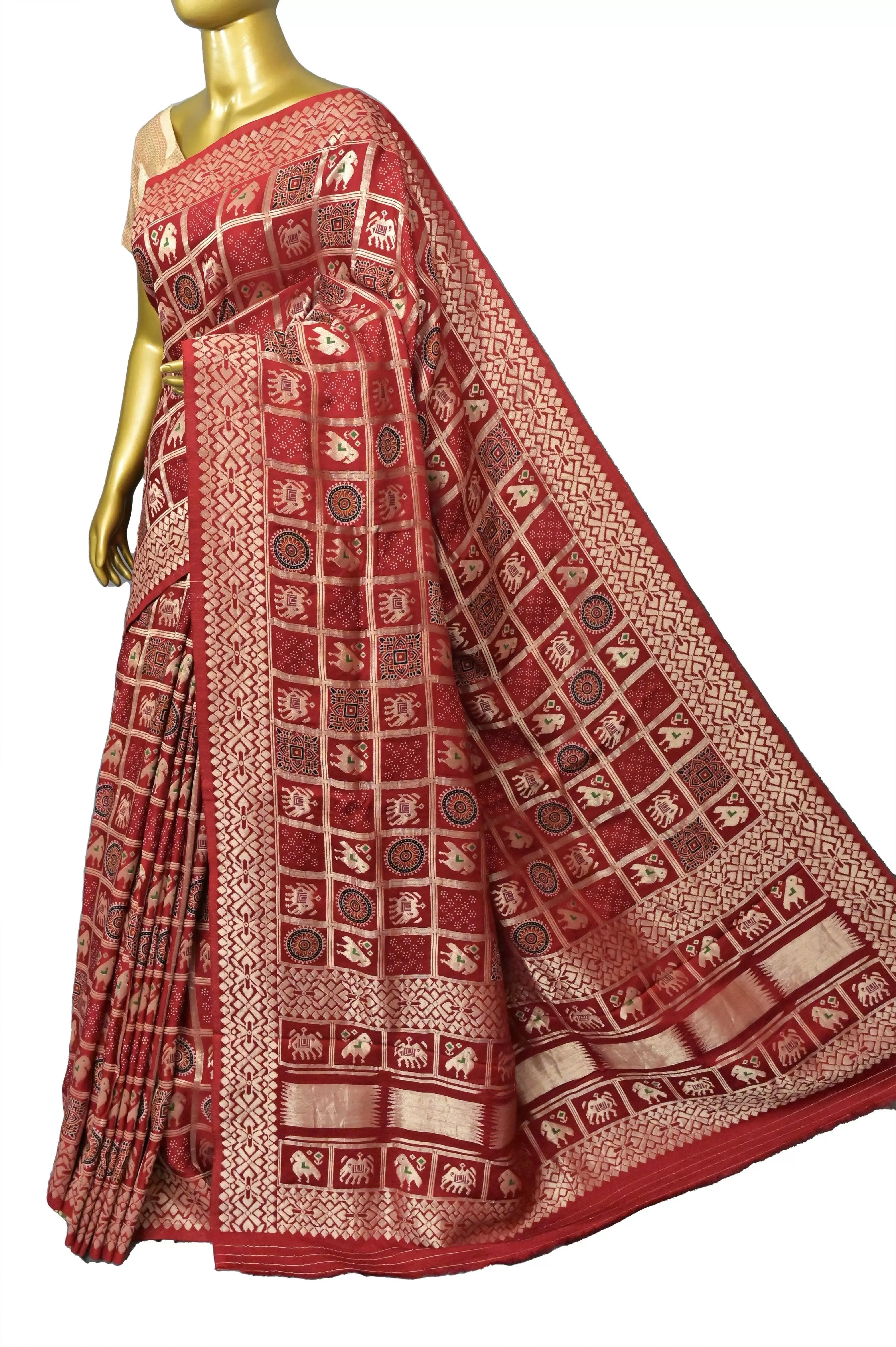 Maroonish Red Color Modal Silk Gharchola with Ajrakh Print