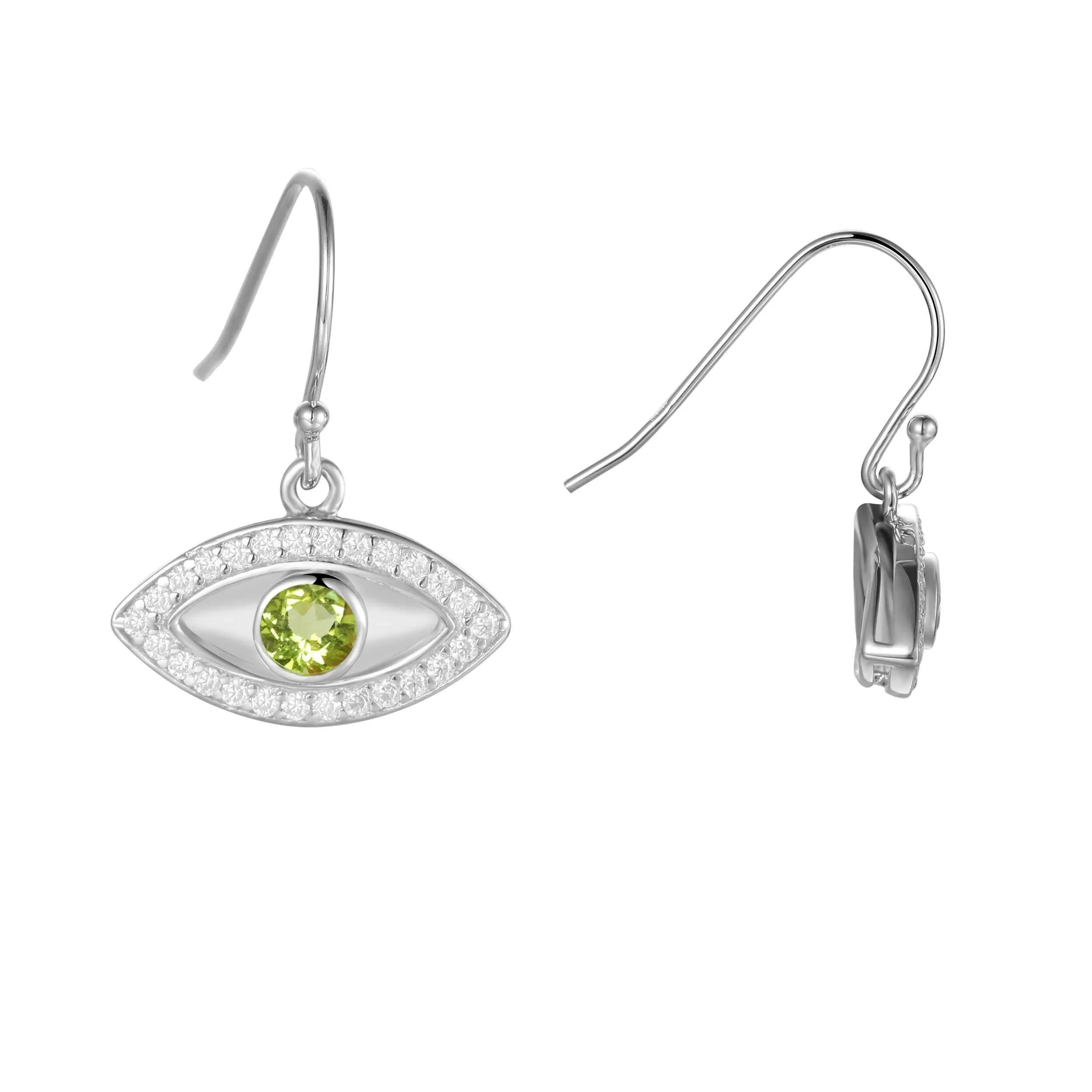 Natural Peridot Rhodium Plated Evil Eye Earrrings