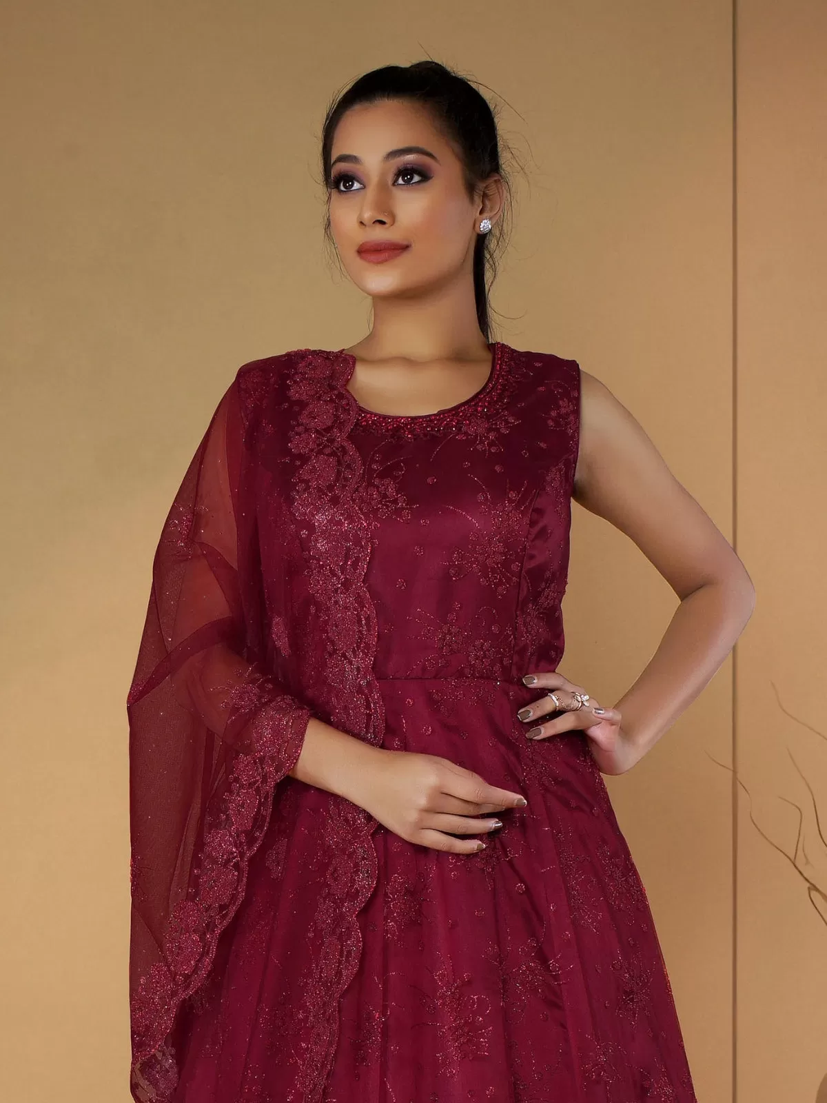 Odette Maroon Net  Embroidered Stitched Gown  for Women