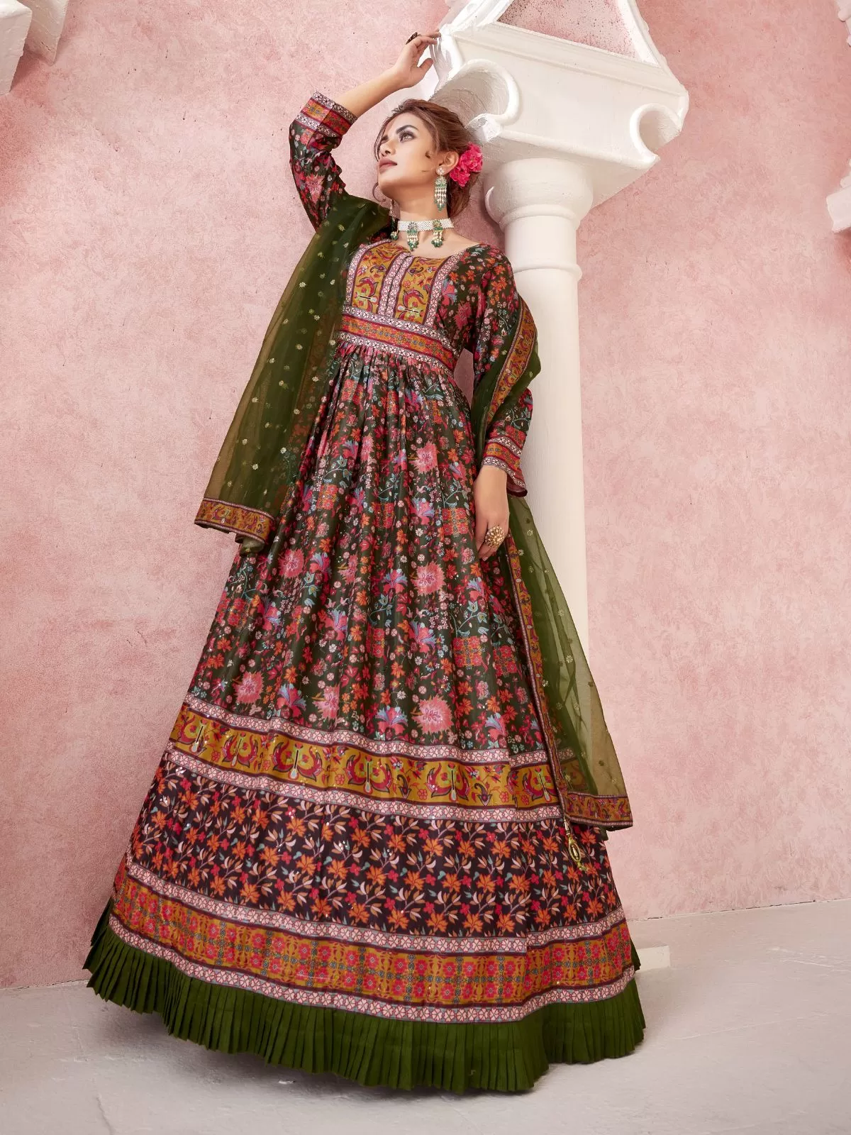 Odette Multi Silk Blend Printed Gown with Dupatta For Women