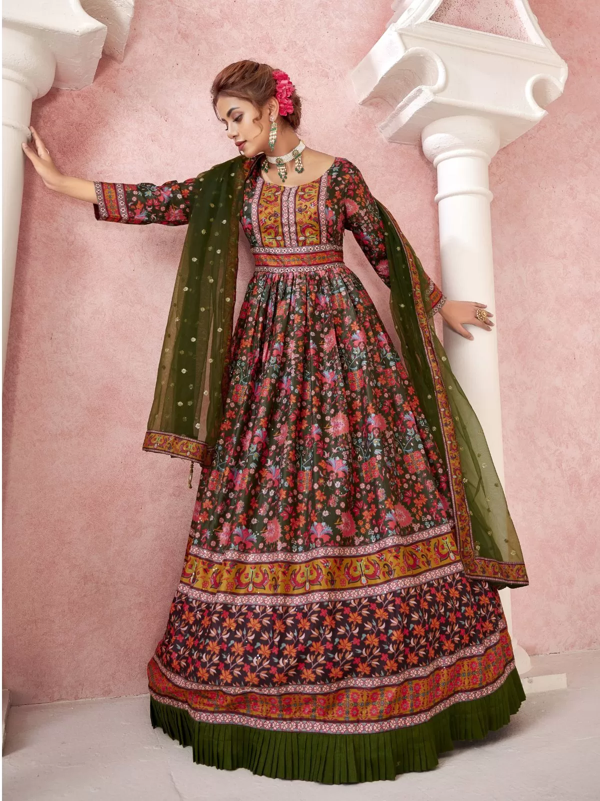 Odette Multi Silk Blend Printed Gown with Dupatta For Women