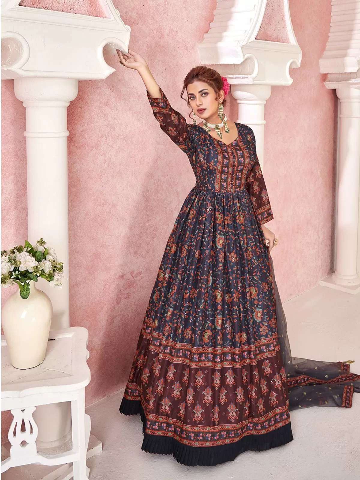 Odette Navy Blue Silk Blend Printed Gown with Dupatta For Women