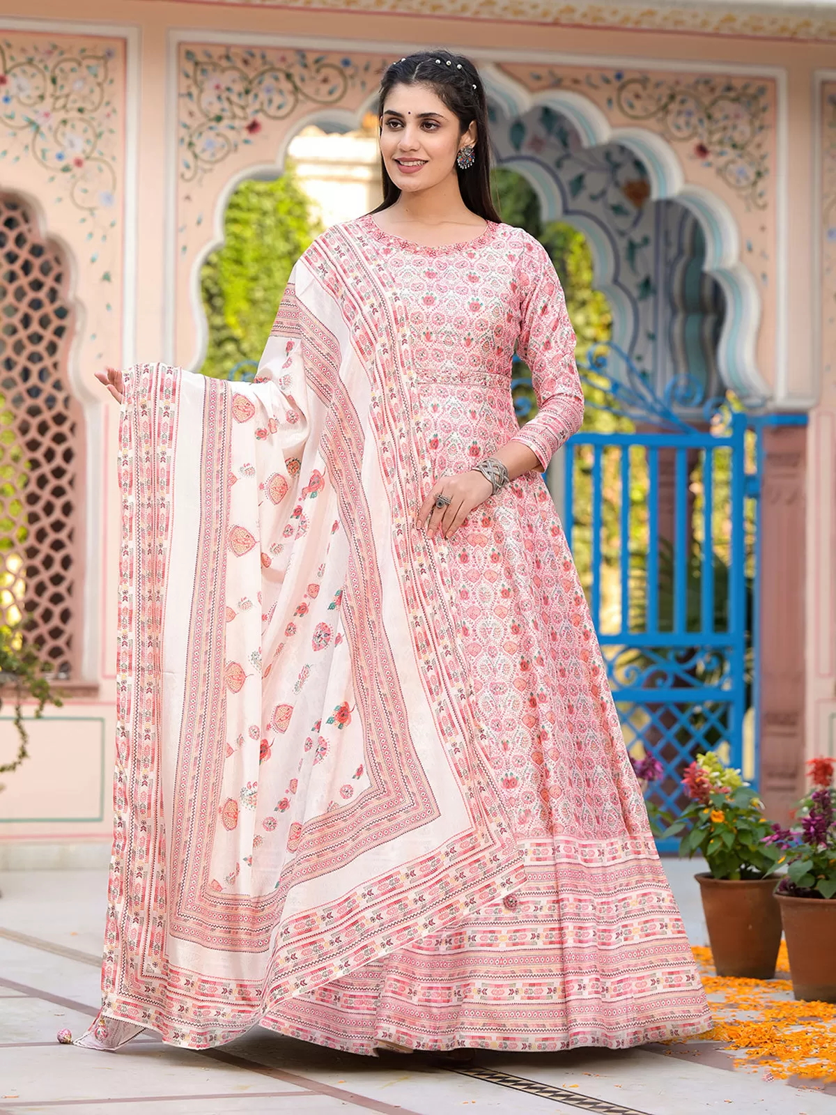 Odette Peach Silk  Stitched Gown with Dupatta For Women