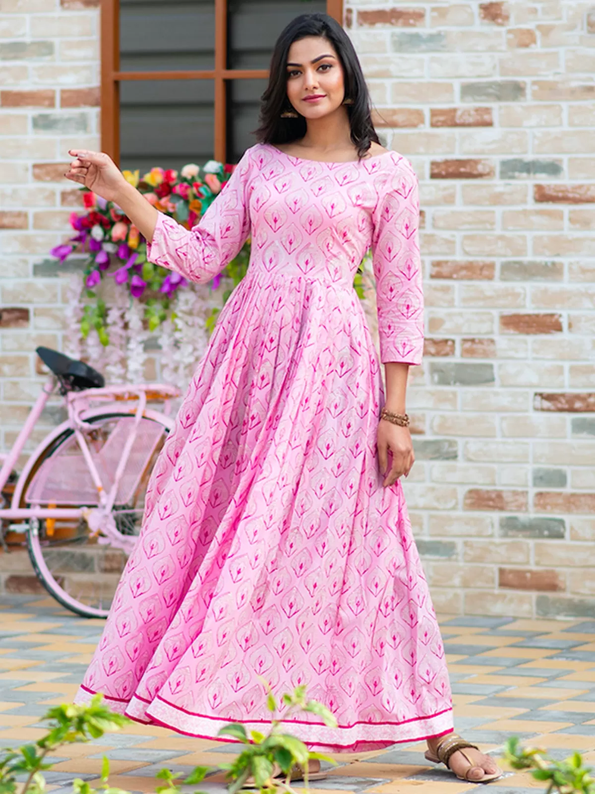 Odette Pink Muslin Printed Stitched Gown for Women