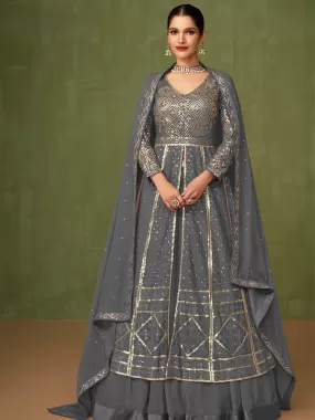 Odette Women Grey Embroidered Georgette A-Line Semi-Stitched Anarkali Suit