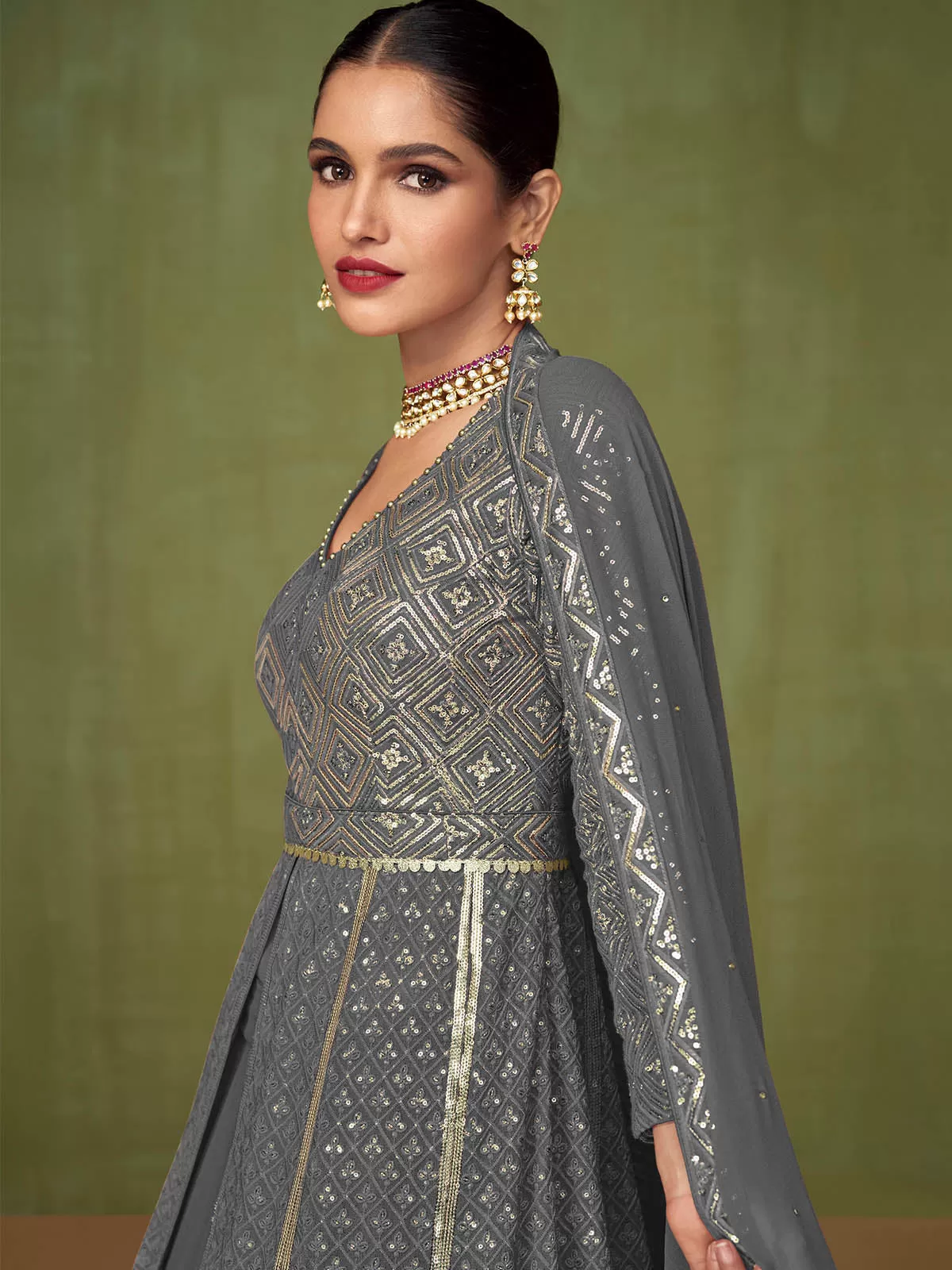 Odette Women Grey Embroidered Georgette A-Line Semi-Stitched Anarkali Suit