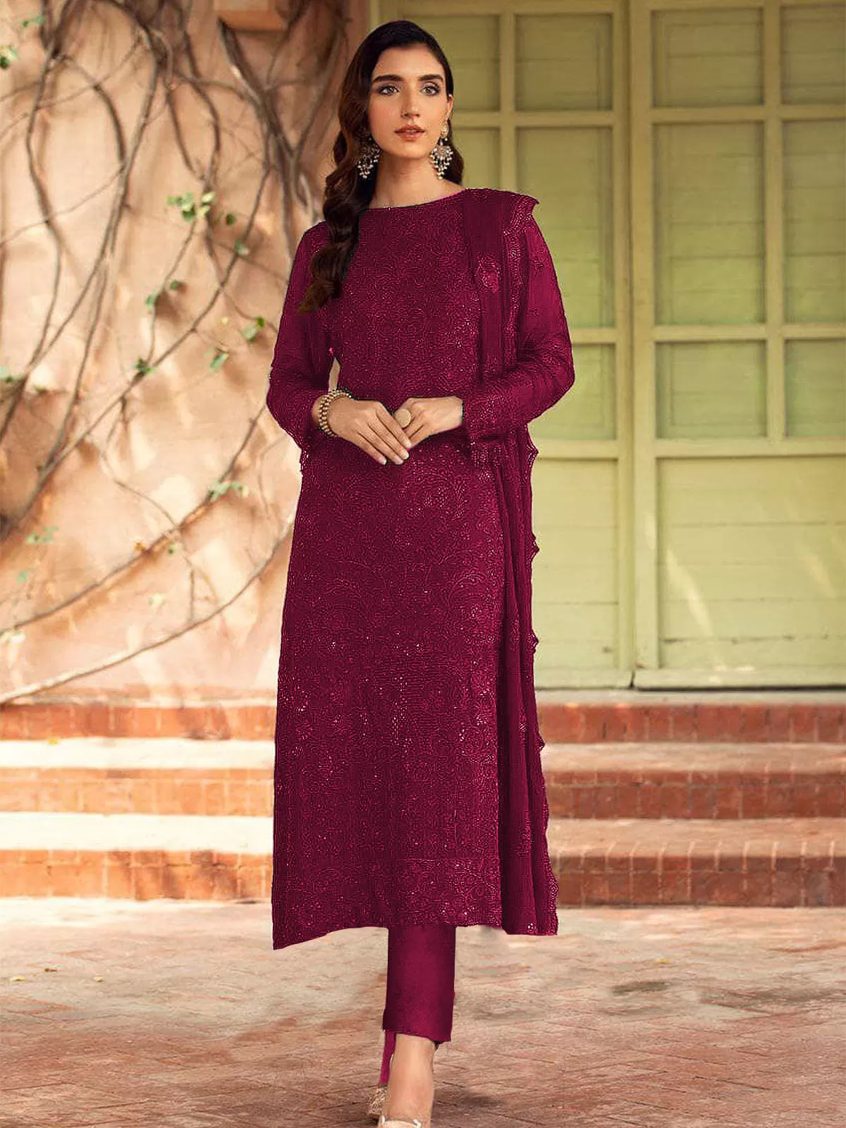 Odette Women Magenta Embroidered Georgette Semi Stitched Suit