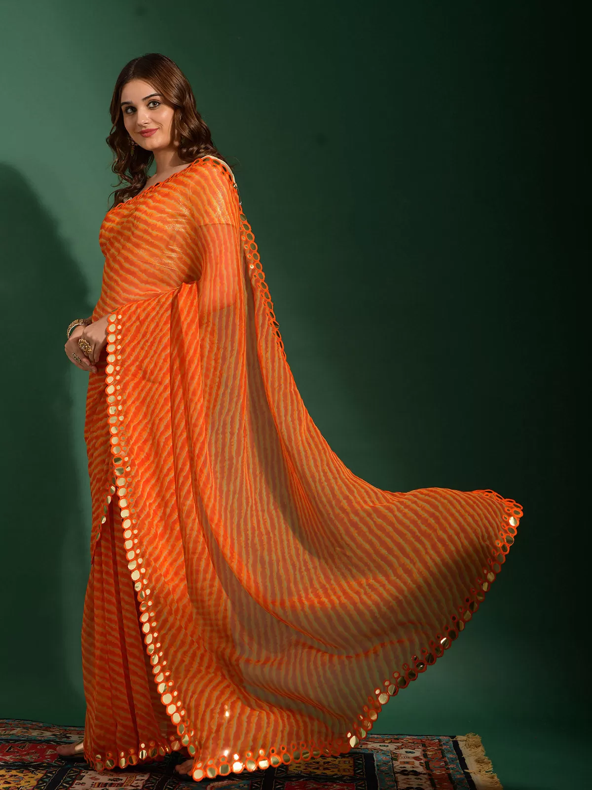 Odette Women Orange Chiffon Designer Saree With Unstitched Blouse