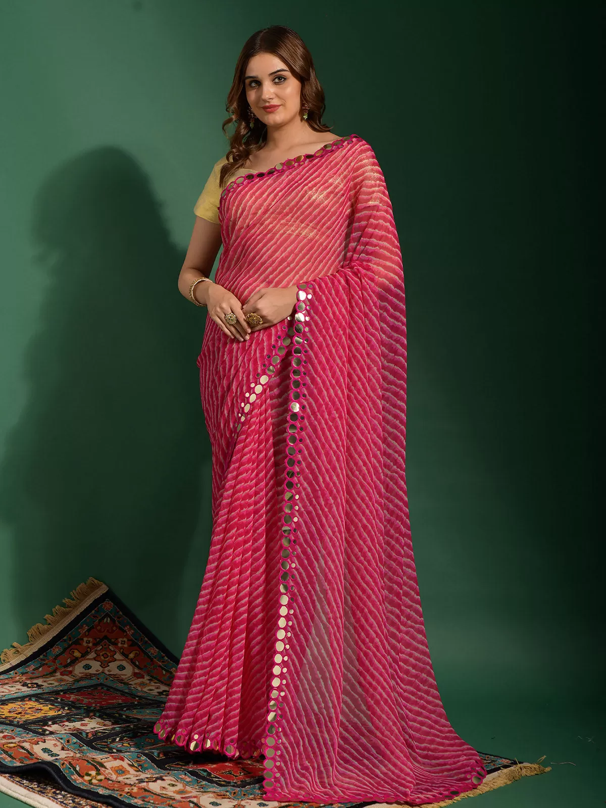 Odette Women Pink Chiffon Designer Saree With Unstitched Blouse