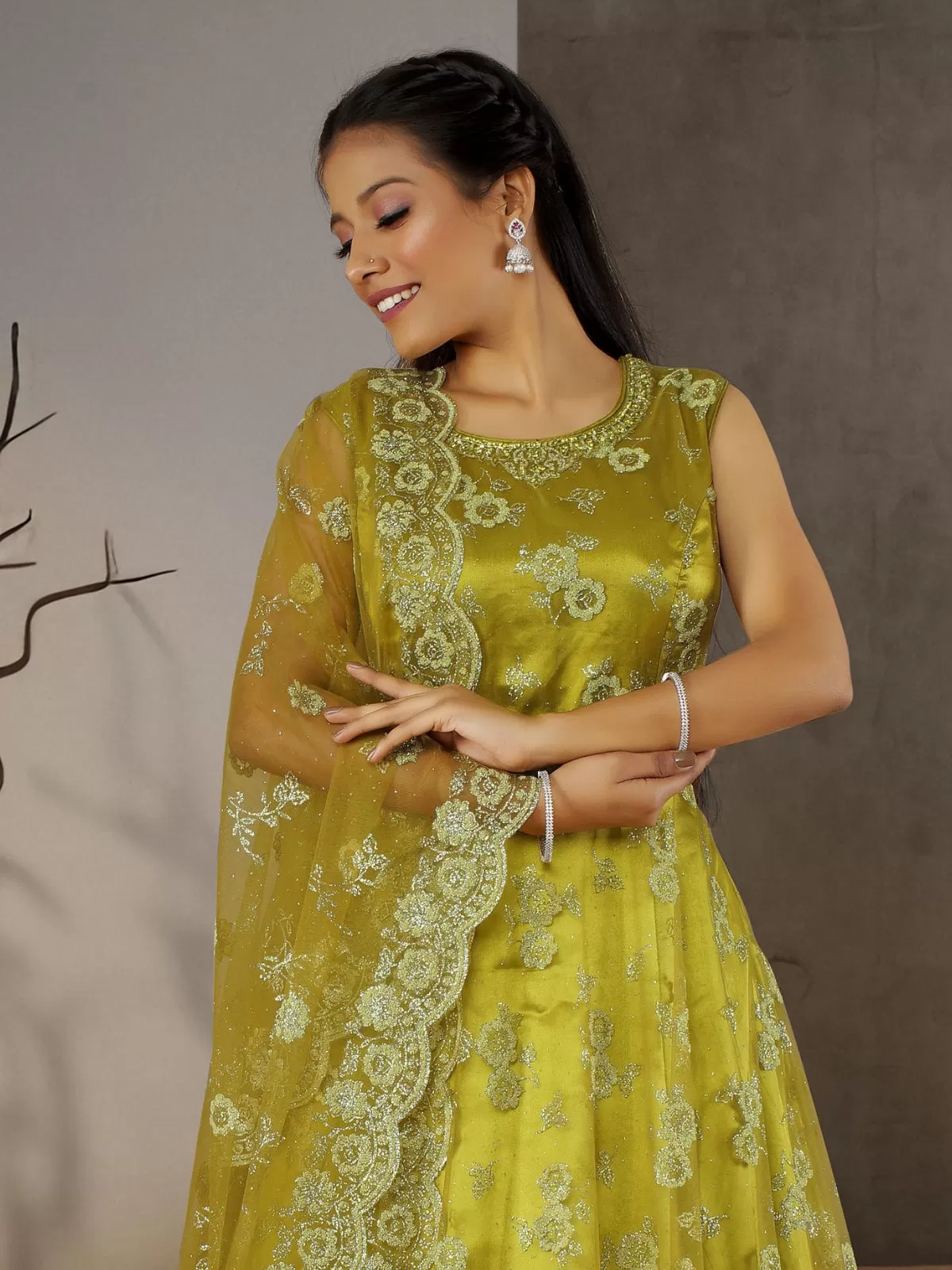 Odette Yellow Net  Embroidered Stitched Gown  for Women