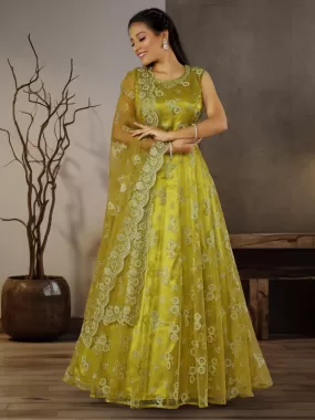 Odette Yellow Net  Embroidered Stitched Gown  for Women