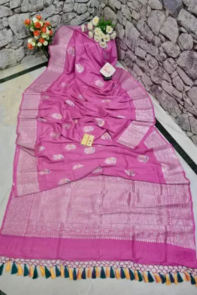 Onion PInk Color Tussar Georgette Banarasi with Silver Zari & Meenakari Work