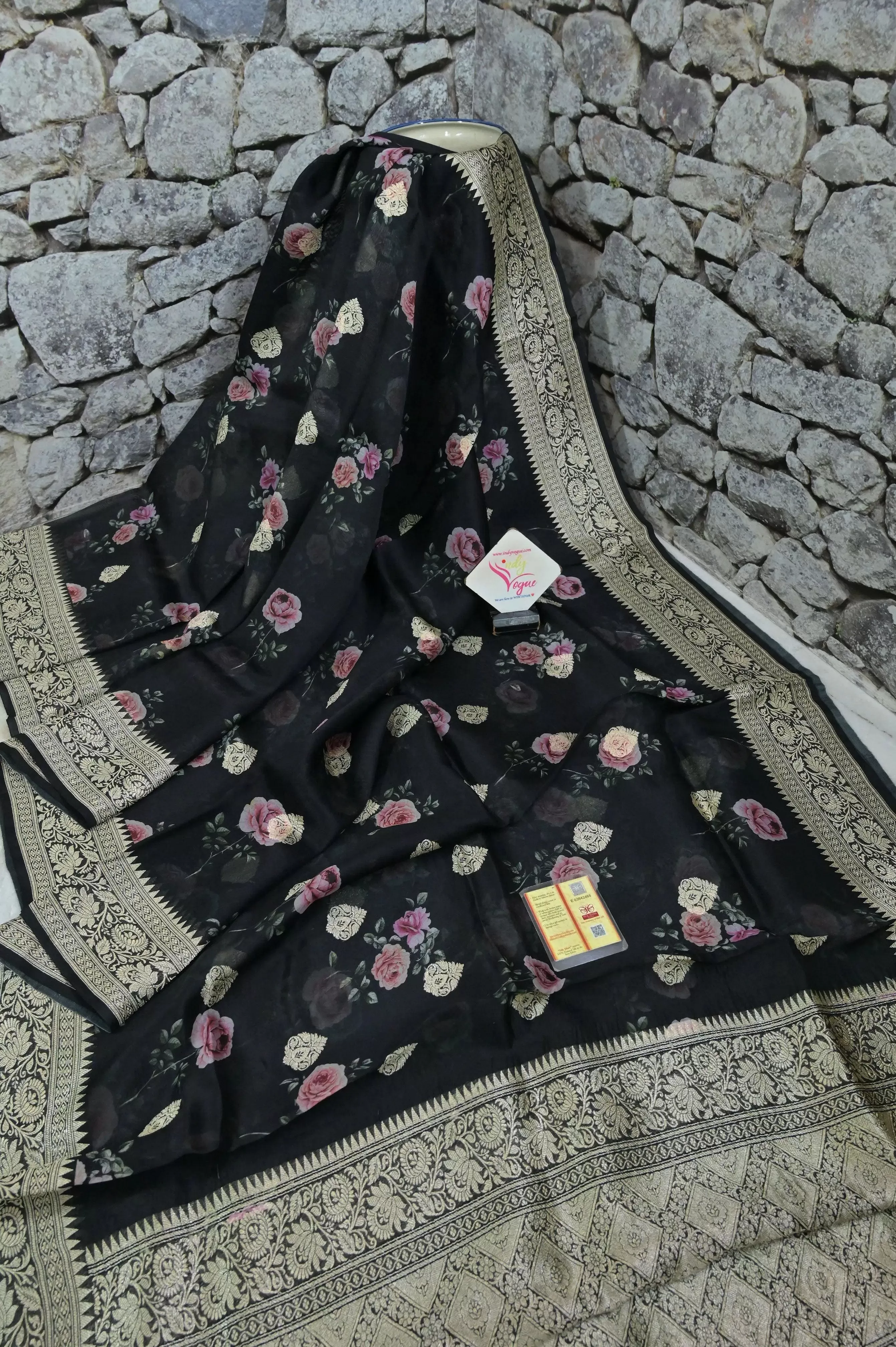 Onyx Black Color Organza Banarasi Saree with Digital Print Work