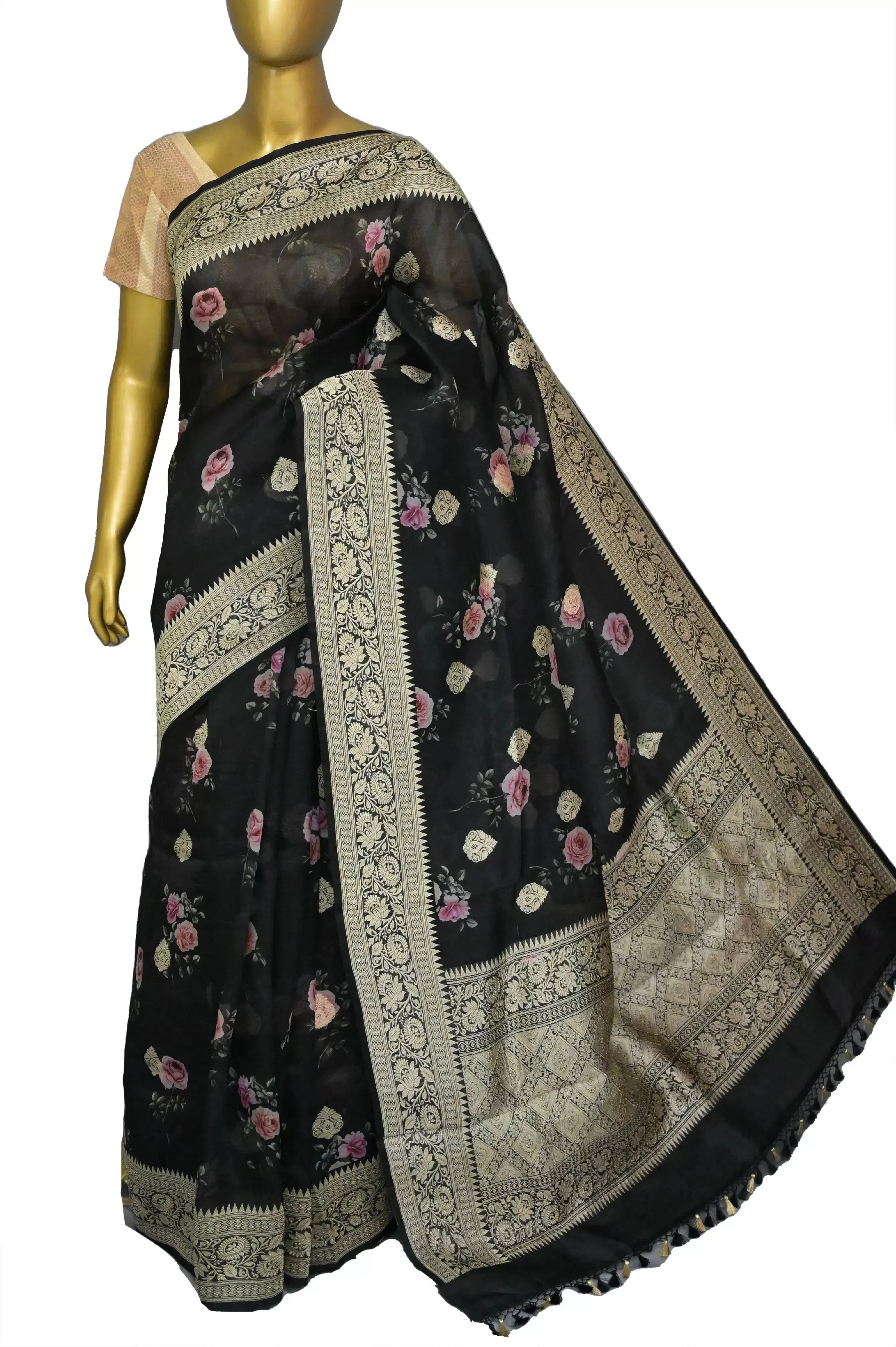 Onyx Black Color Organza Banarasi Saree with Digital Print Work