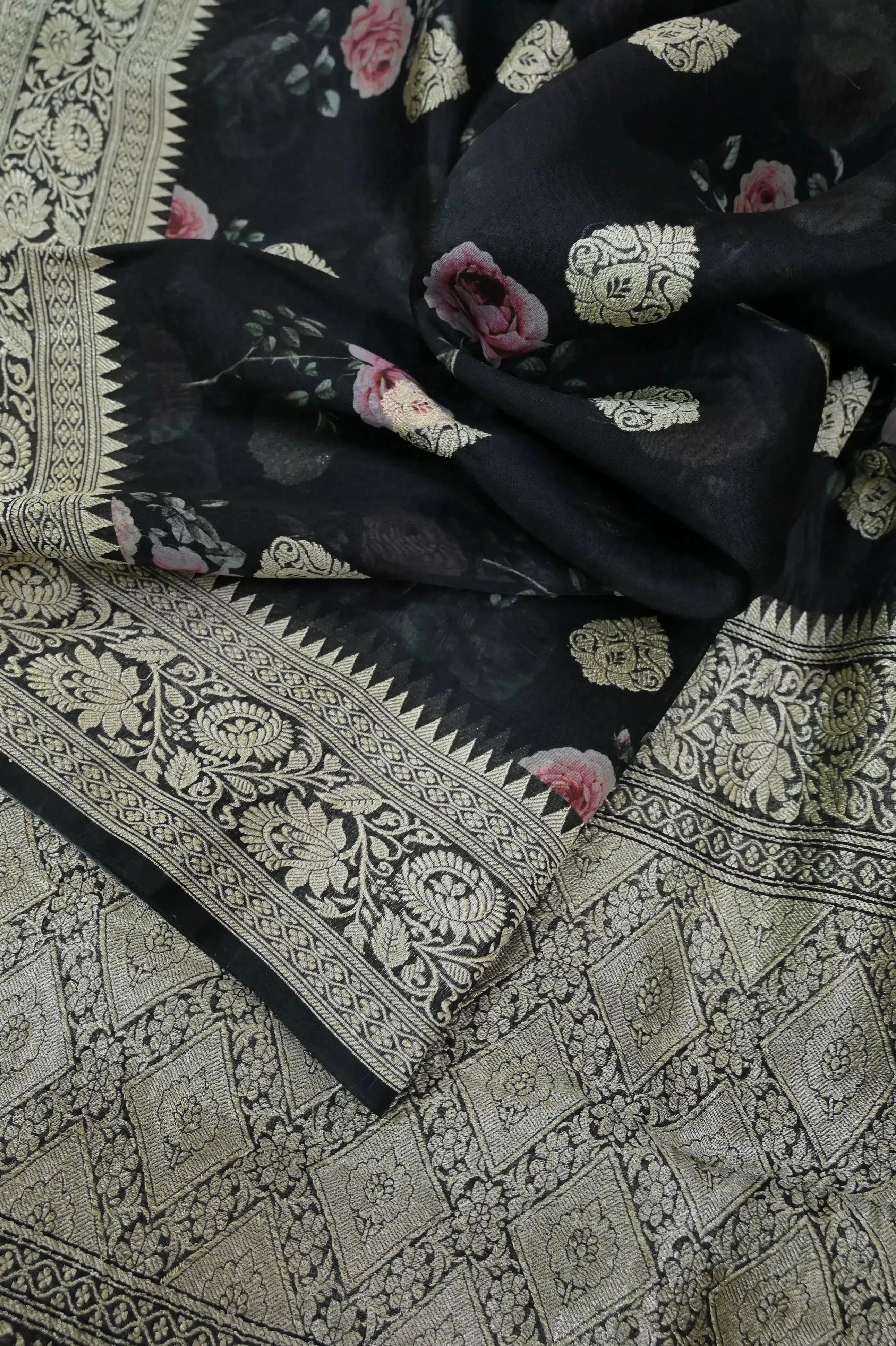 Onyx Black Color Organza Banarasi Saree with Digital Print Work