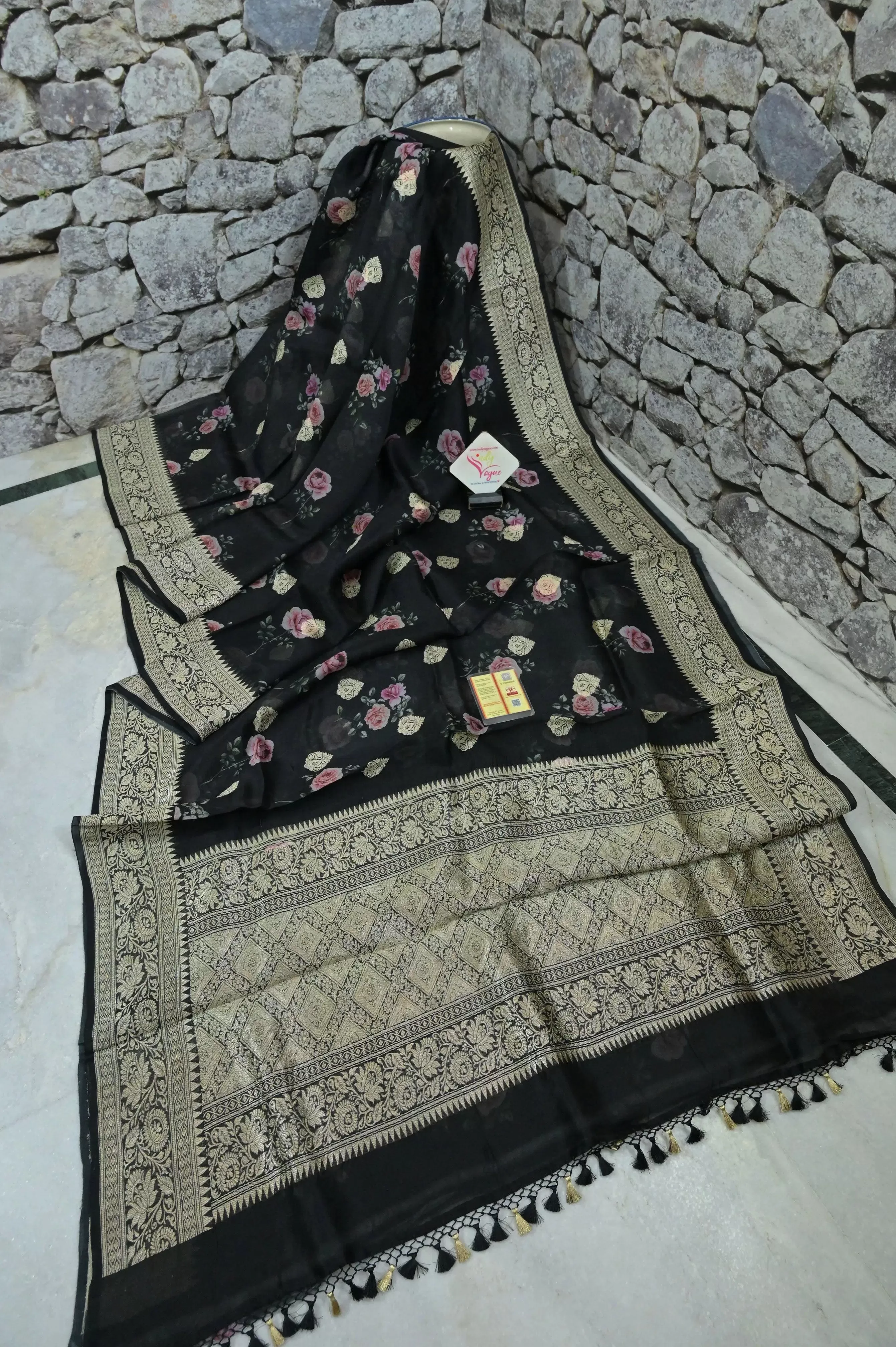 Onyx Black Color Organza Banarasi Saree with Digital Print Work