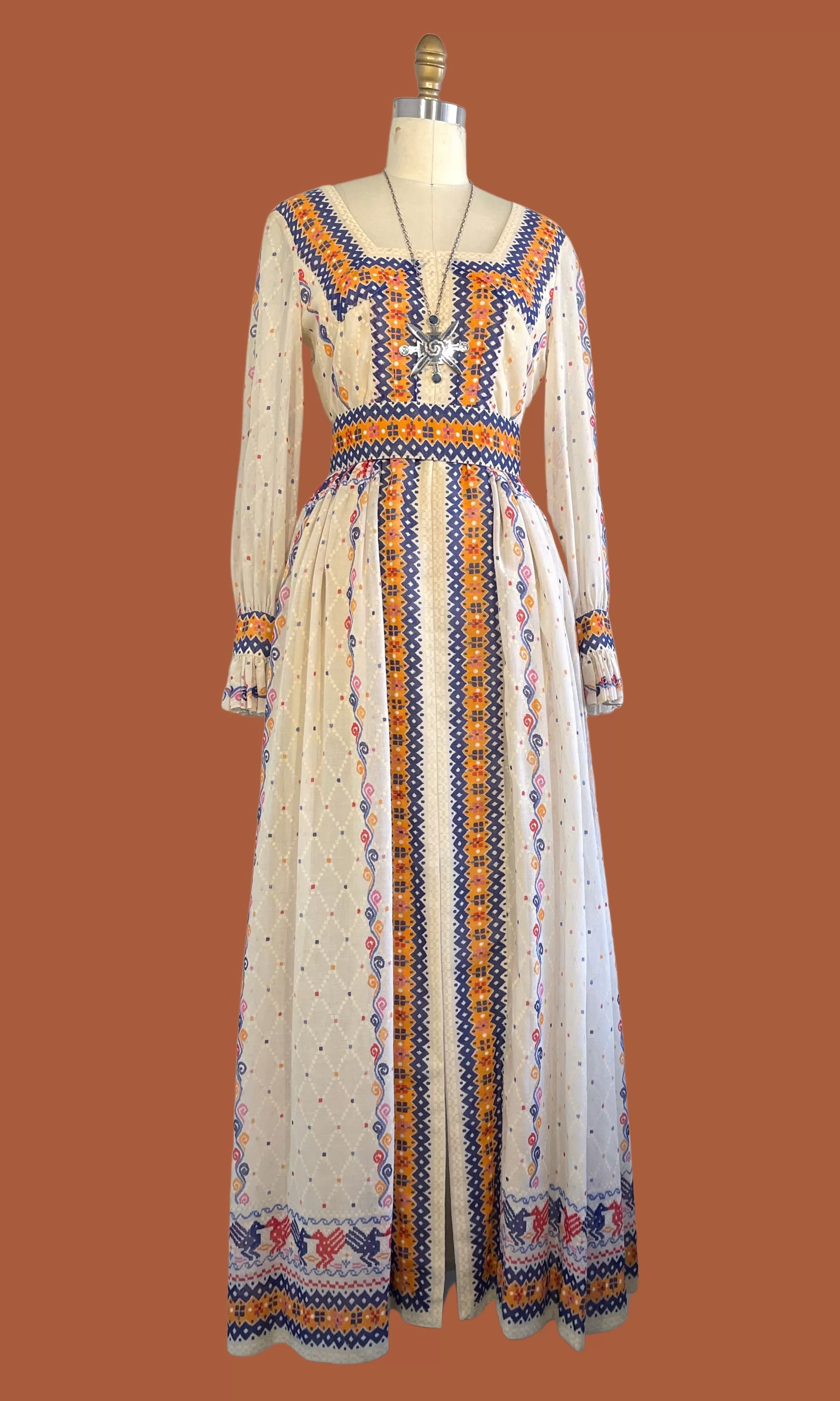 OSCAR DE LA RENTA 70s Folk Print Dress  Small Medium