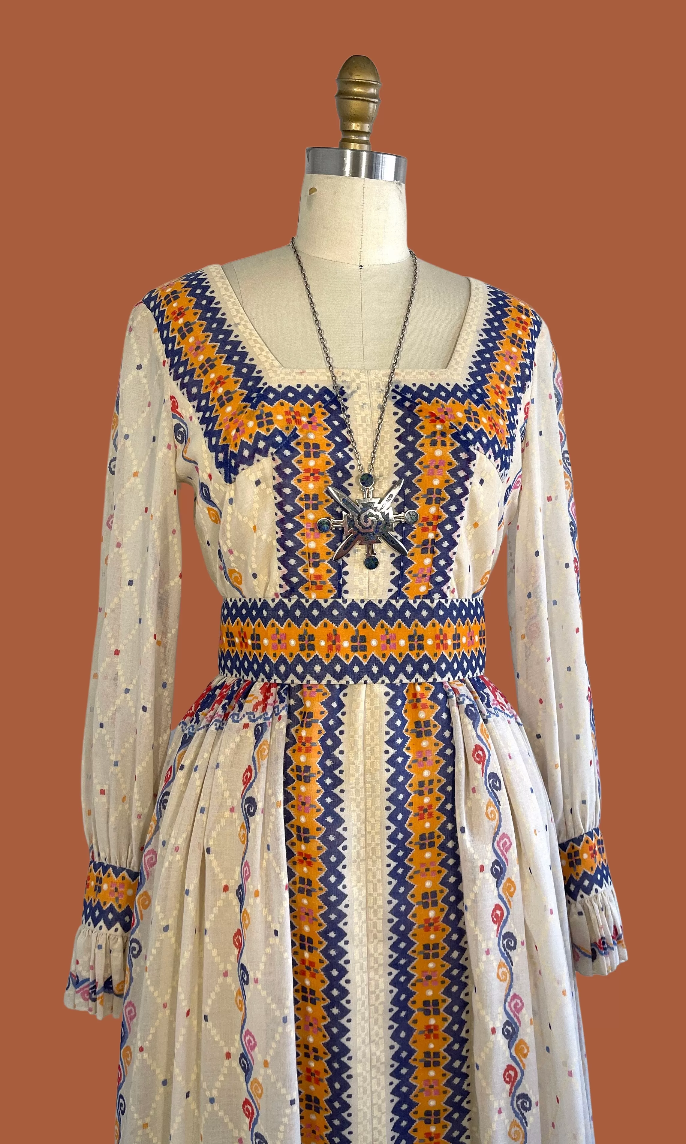 OSCAR DE LA RENTA 70s Folk Print Dress  Small Medium