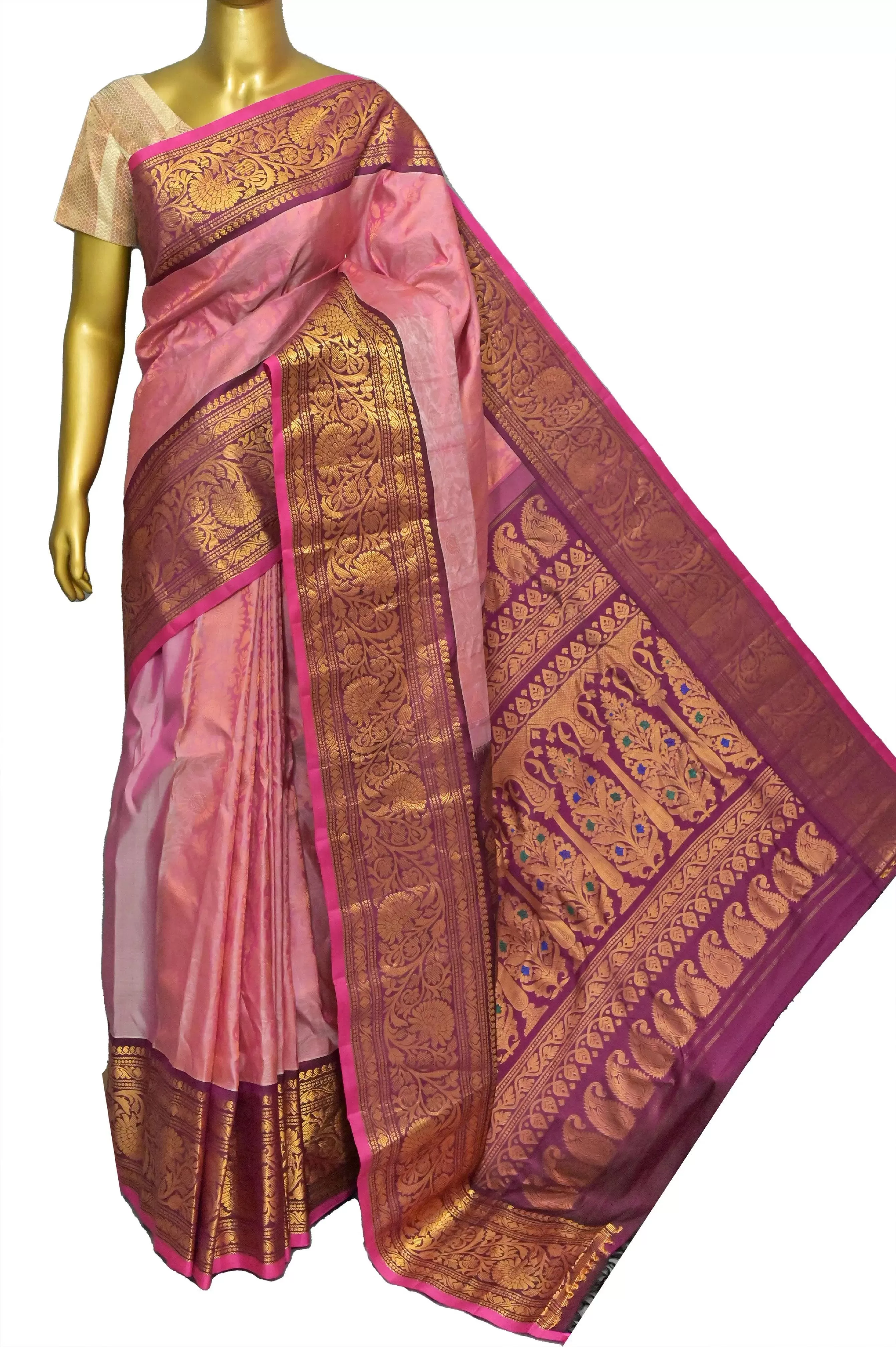 Pink Brocade Gadwal Silk Saree with Kanchi Border