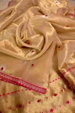 Pure Golden Color Tissue Banarasi Saree with Golden & Silver Meenakari Buti Work