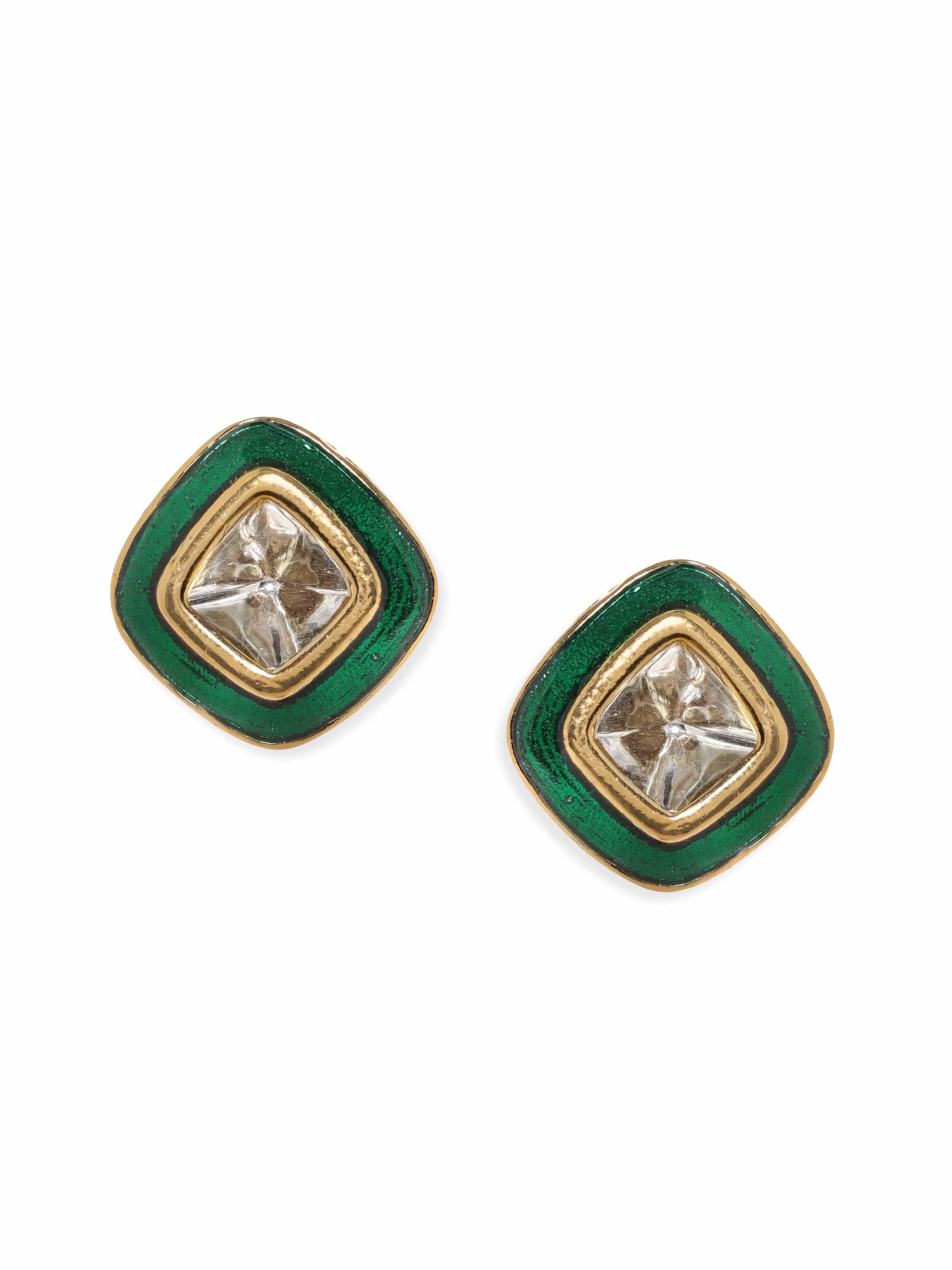 Rubans 22K Antique Gold Crystal Studded Green Enamel Stud Earrings