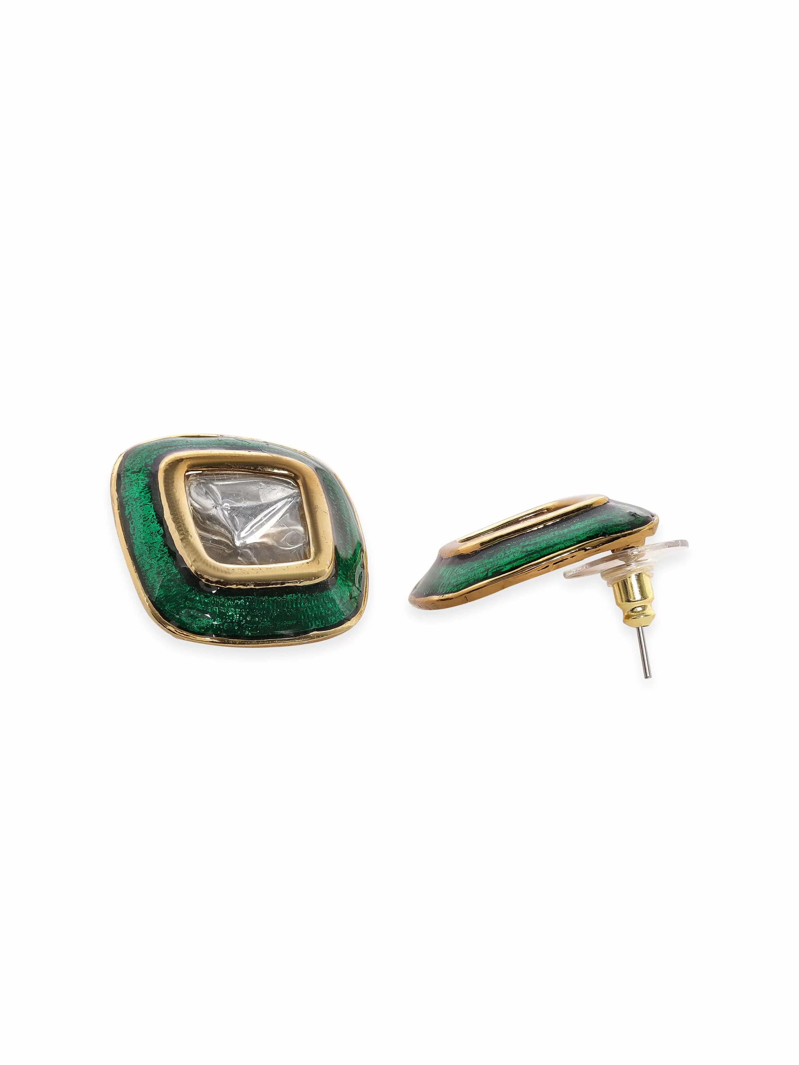 Rubans 22K Antique Gold Crystal Studded Green Enamel Stud Earrings