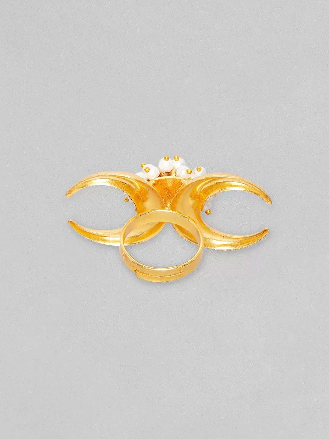 Rubans 24K Gold Plated Handcrafted Ring With Pearls, Golden Beads And Moon Design