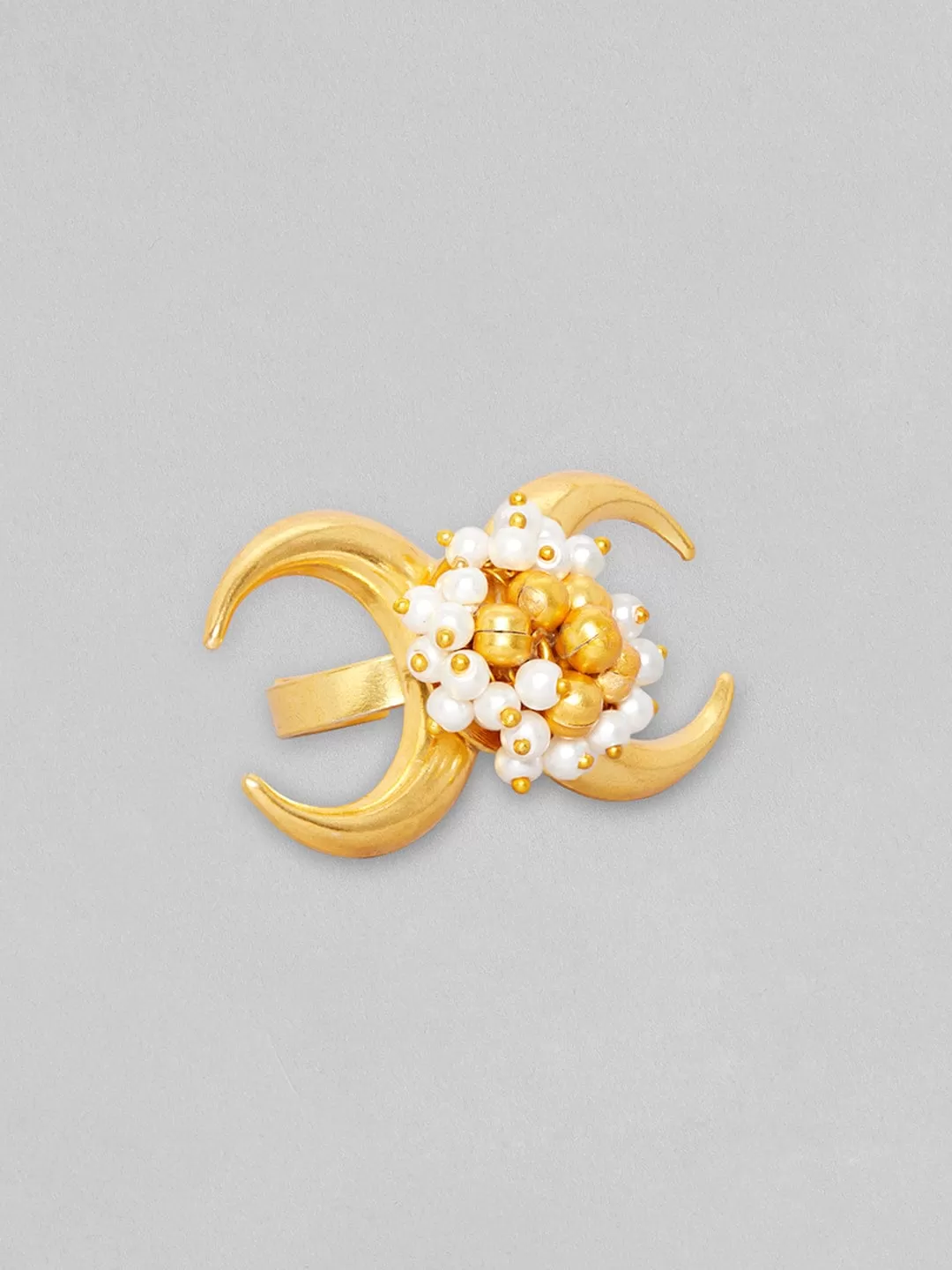 Rubans 24K Gold Plated Handcrafted Ring With Pearls, Golden Beads And Moon Design