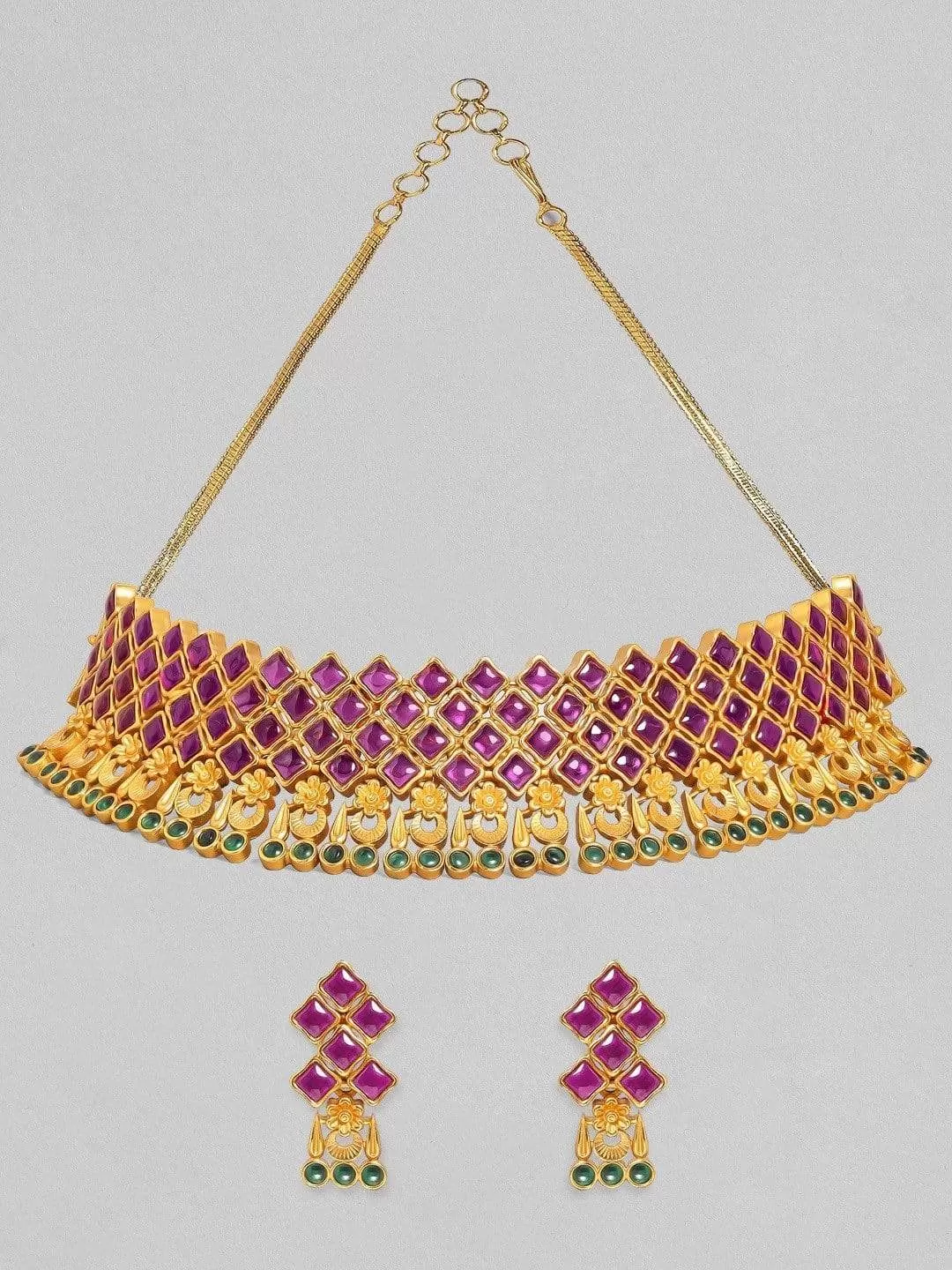 Rubans 24K Gold-Plated Purple & Green Ruby-Studded Handcrafted Jewellery Set