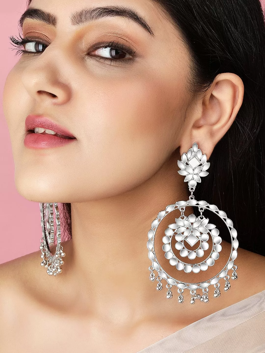 Rubans Silver Plated Festive Mirror Chandbali Earrings