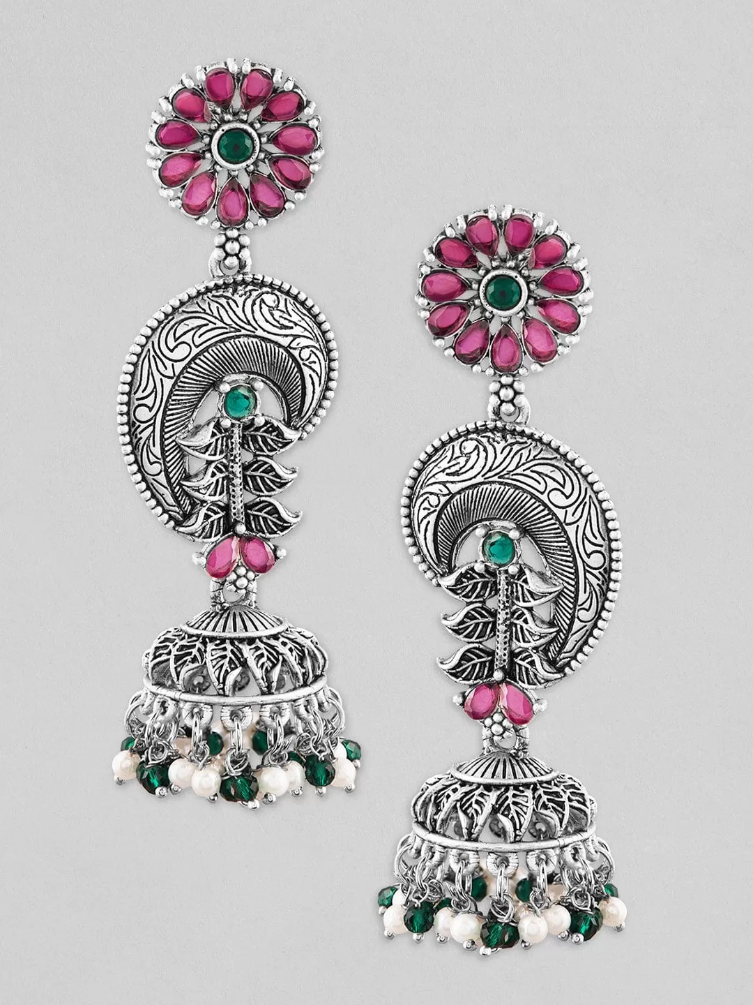 Rubans Silver Plated Oxidised Jhumka Earrings With Pink And Green Stones.