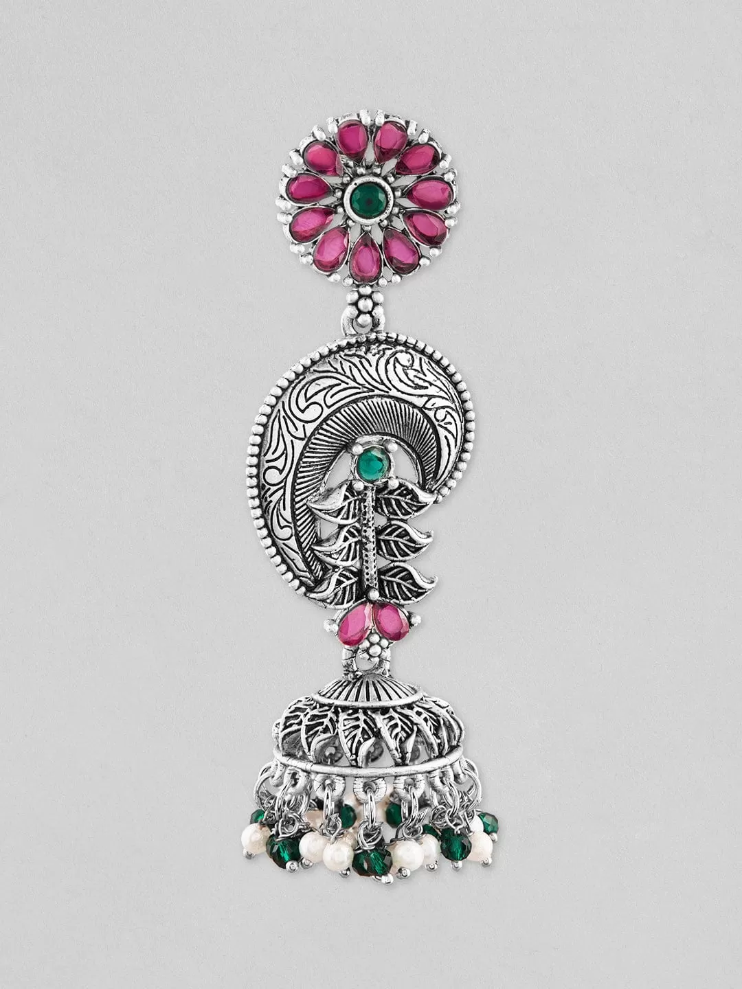 Rubans Silver Plated Oxidised Jhumka Earrings With Pink And Green Stones.