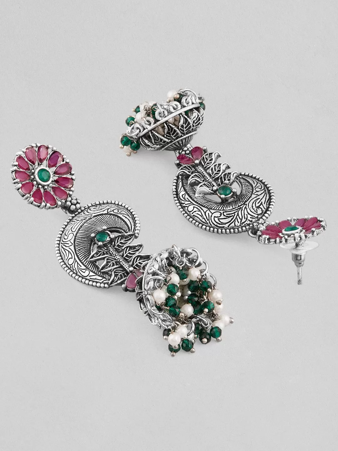 Rubans Silver Plated Oxidised Jhumka Earrings With Pink And Green Stones.