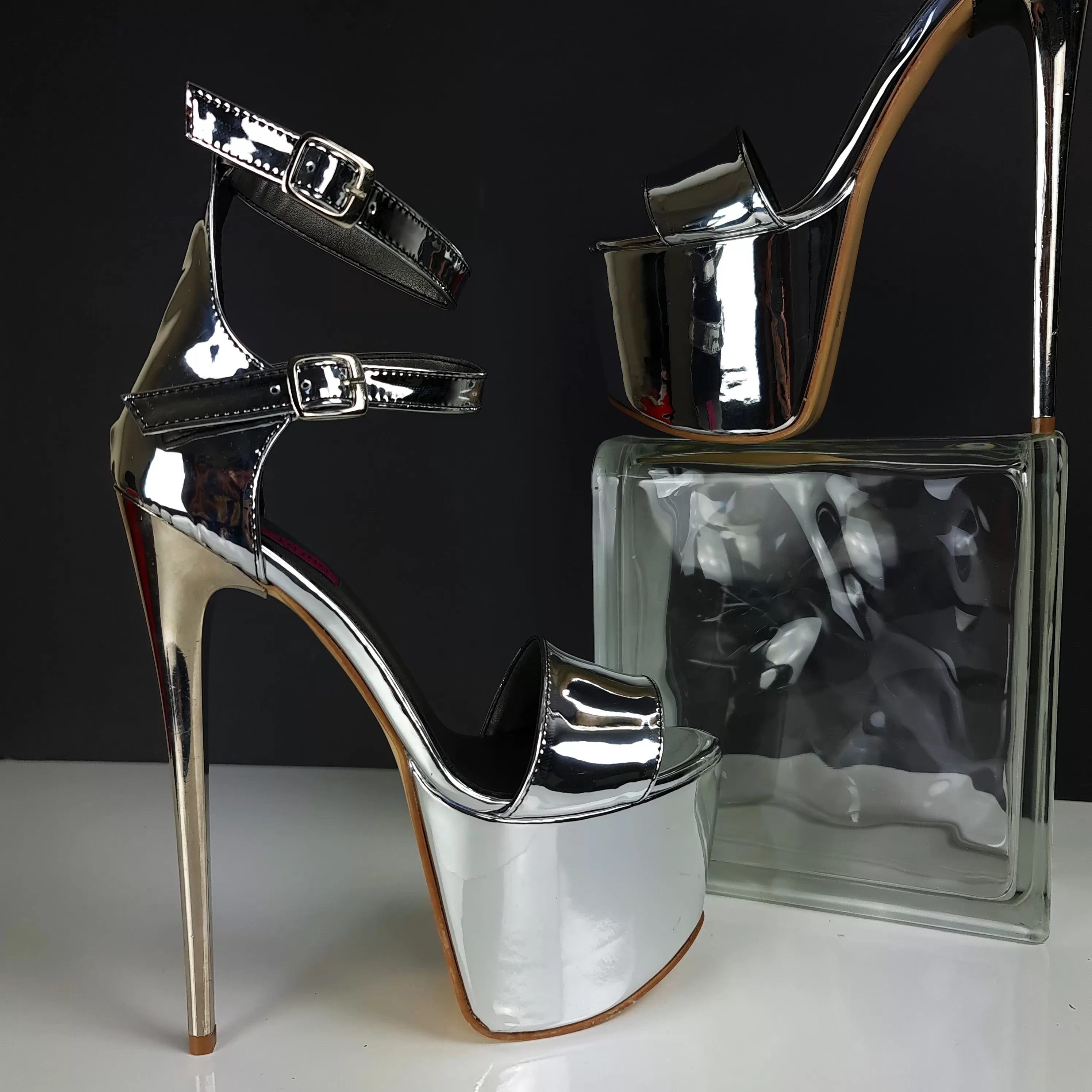 Silver Mirror Double Ankle Strap High Heels