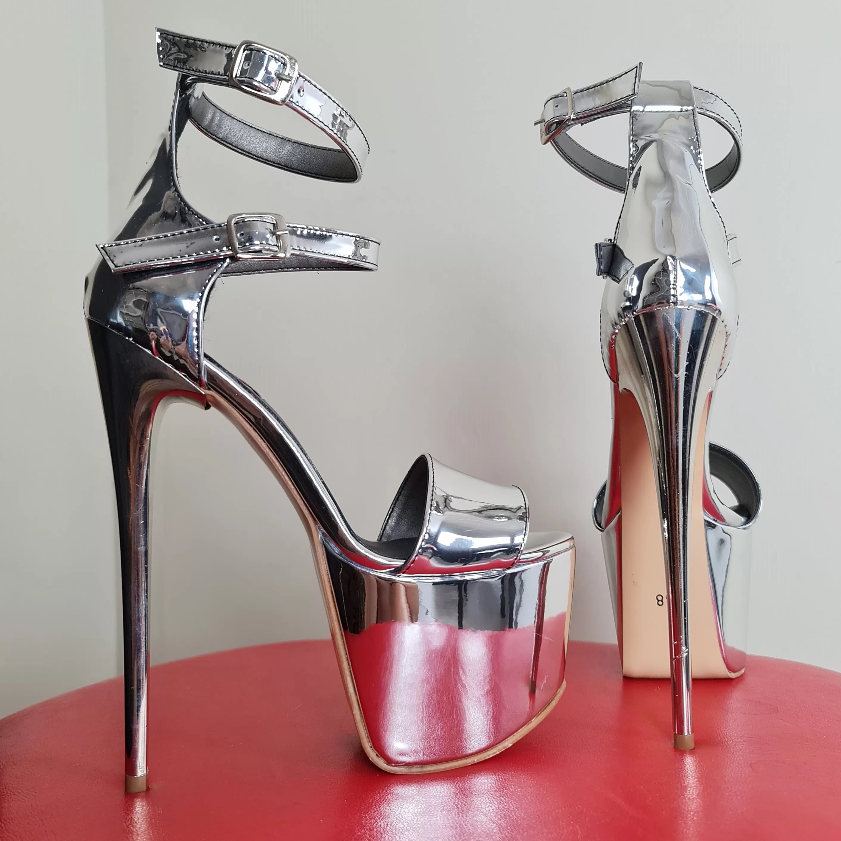 Silver Mirror Double Ankle Strap High Heels