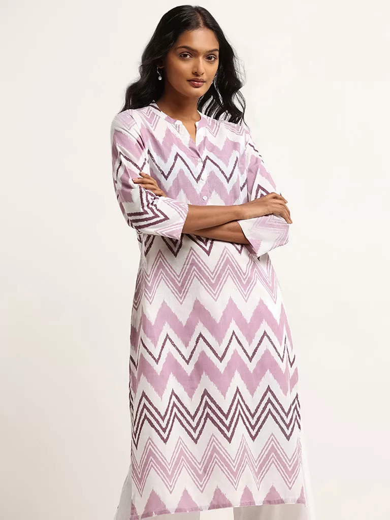 Utsa Lilac Straight Fit Chevron Print Cotton Kurta