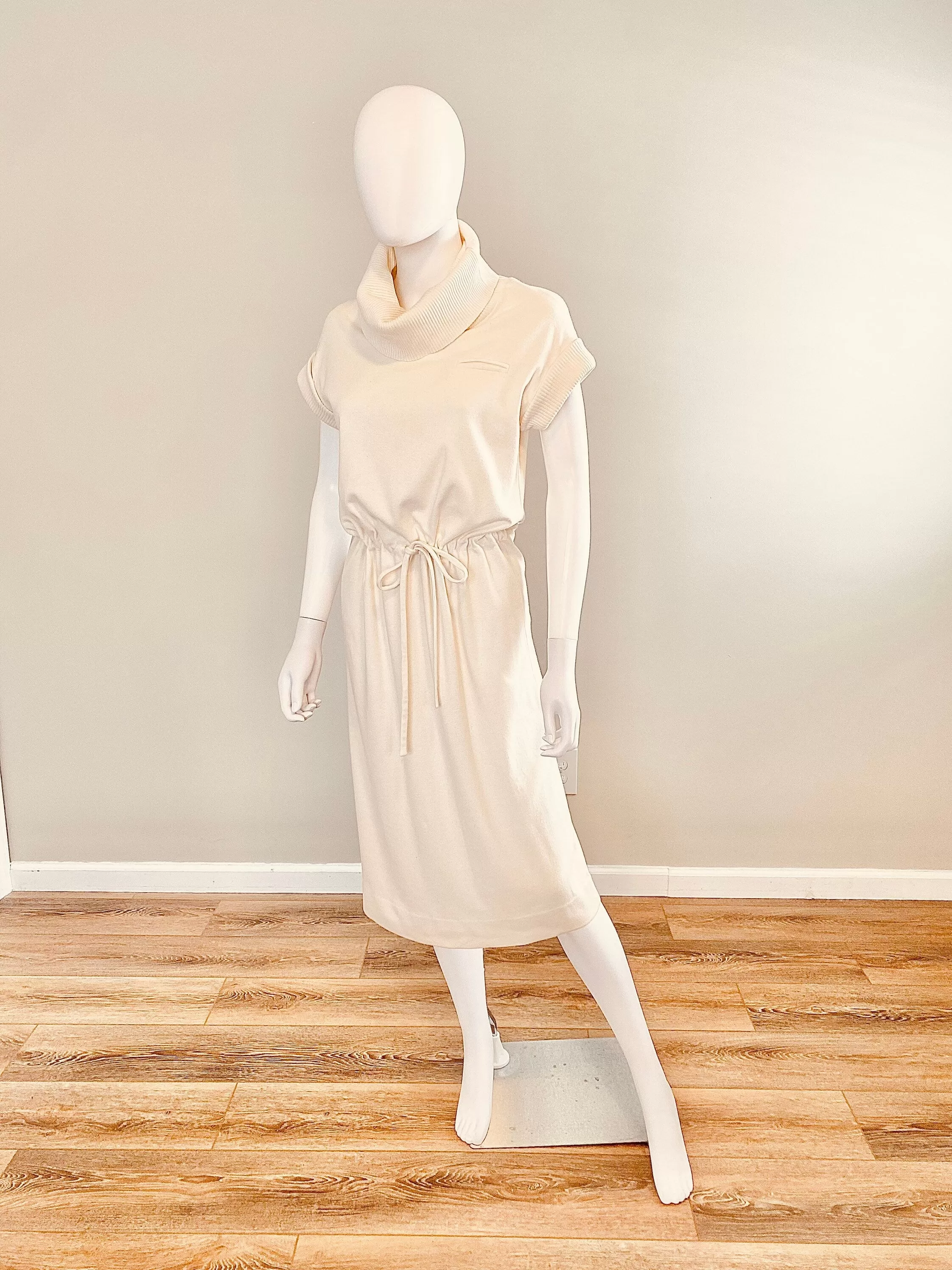 Vintage 1960s Cream Shirt Dress / 60s Kimberly Cowl Neck Cotton Dress / Size S M