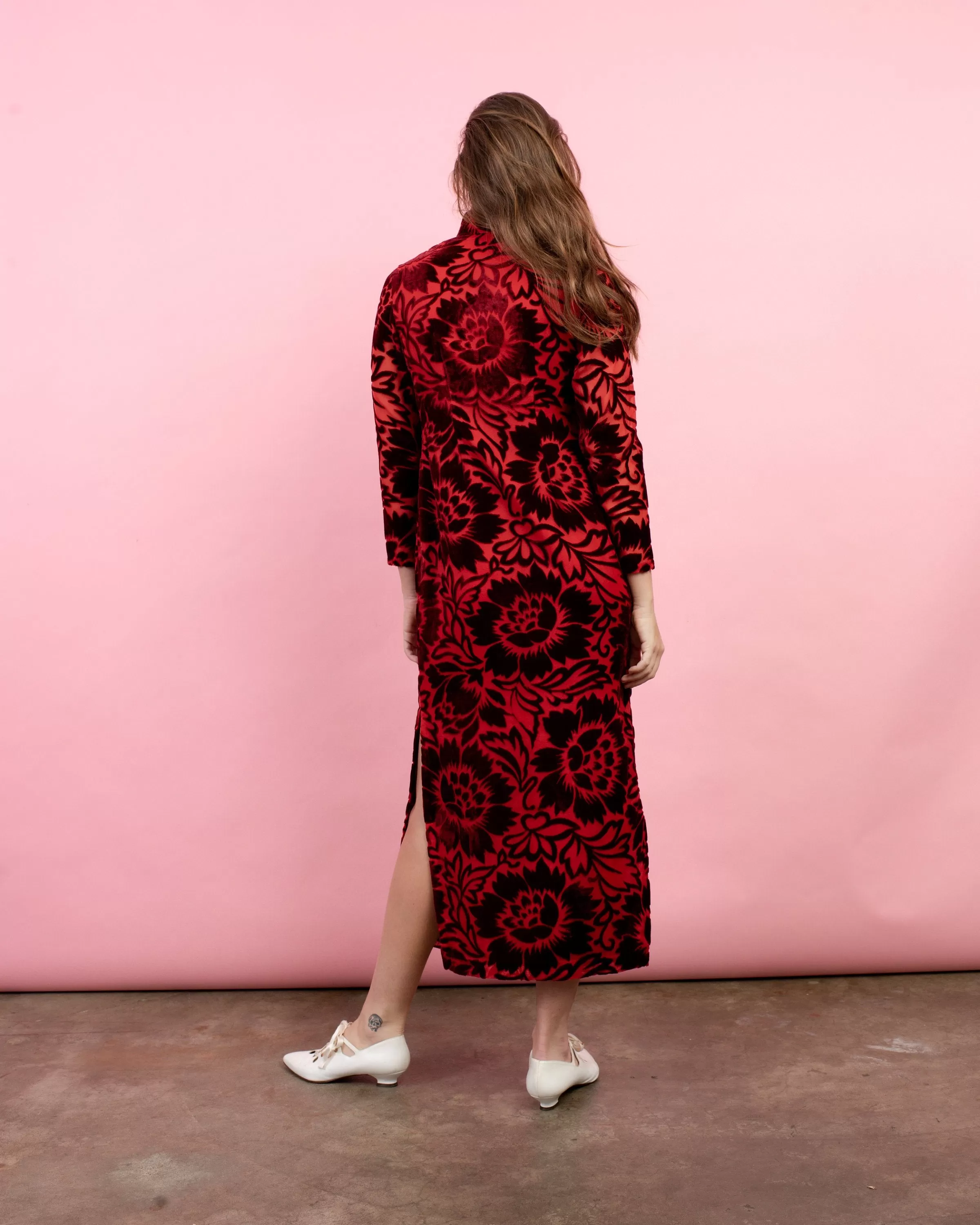 Vintage 60s Red Floral Flocked Velvet Maxi Dress (M)