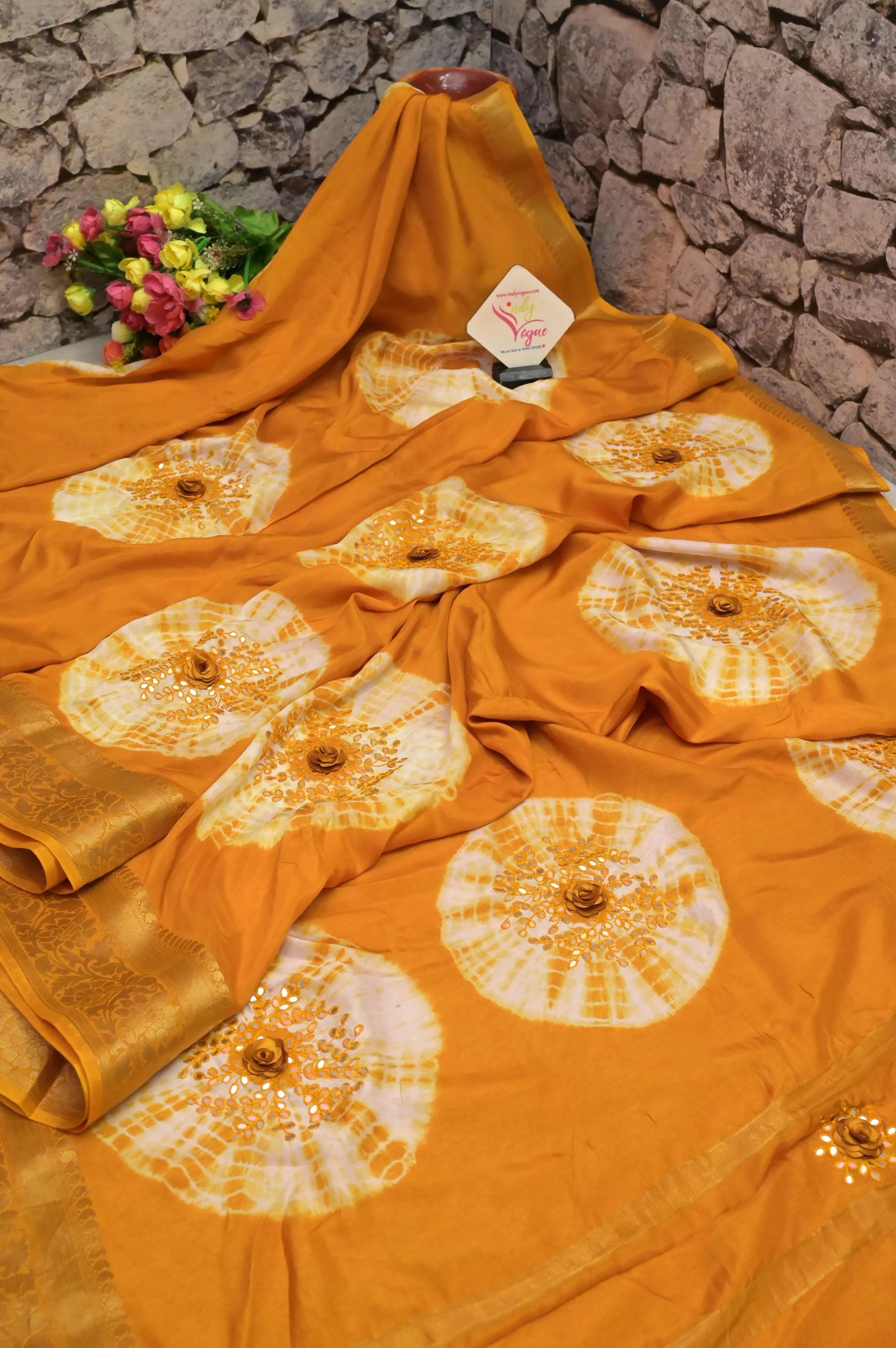 Yellow Color Chinon Silk Banarasi Saree with Shibori Dye and Hand Mirror Work