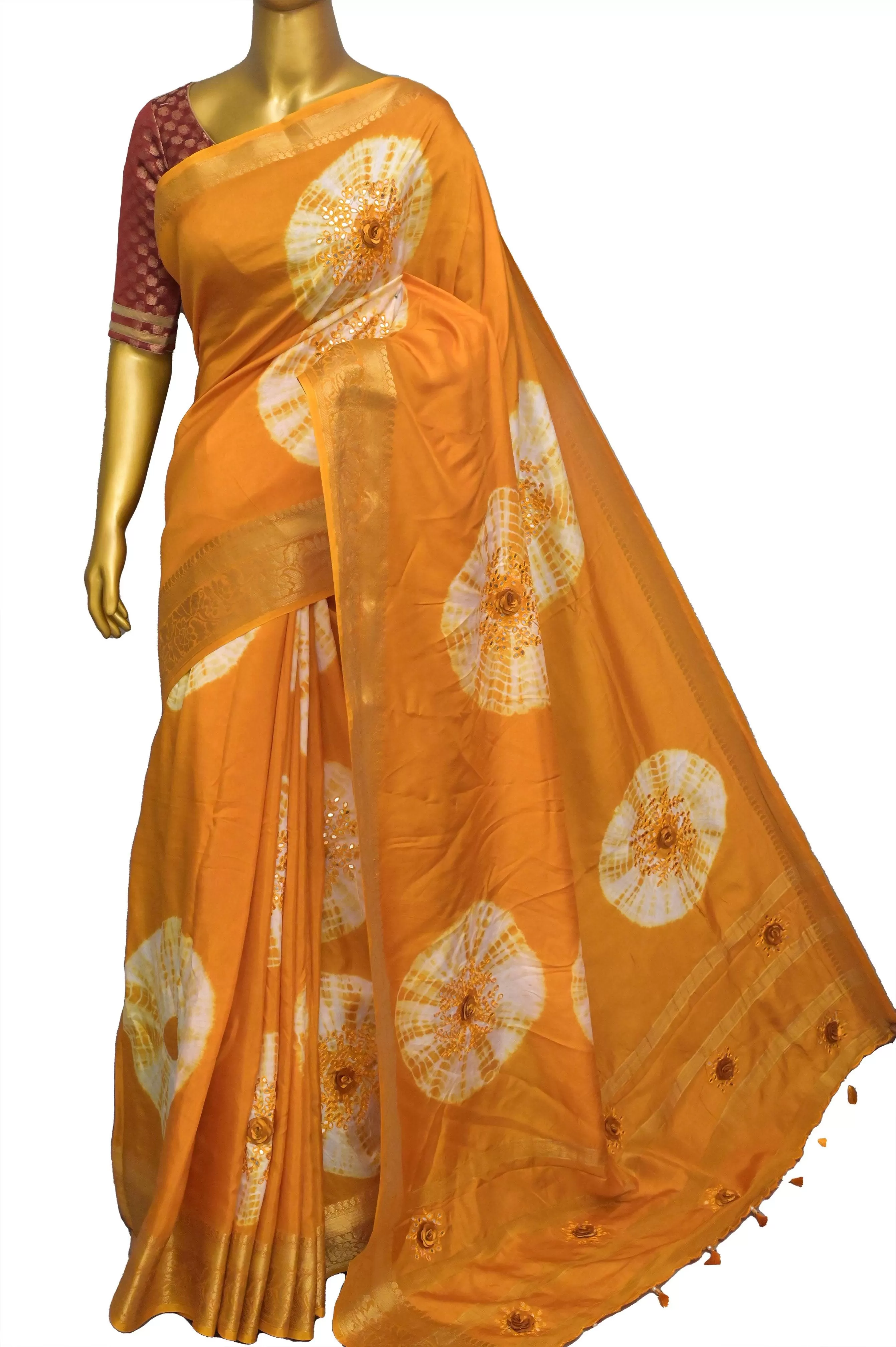 Yellow Color Chinon Silk Banarasi Saree with Shibori Dye and Hand Mirror Work